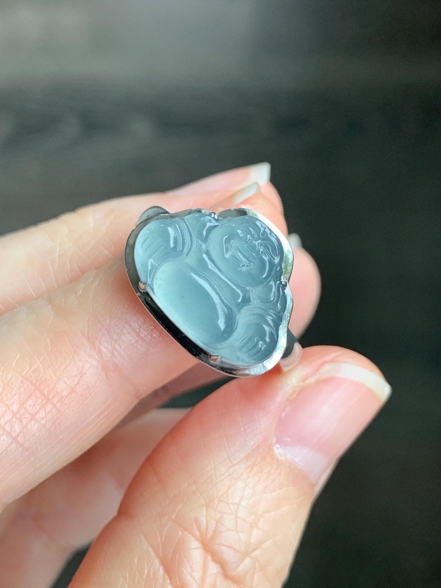 Certified Natural Guatemalan Icy Highly Translucent Light Teal Blue Jadeite Buddha Ring Sterling Silver Size 7