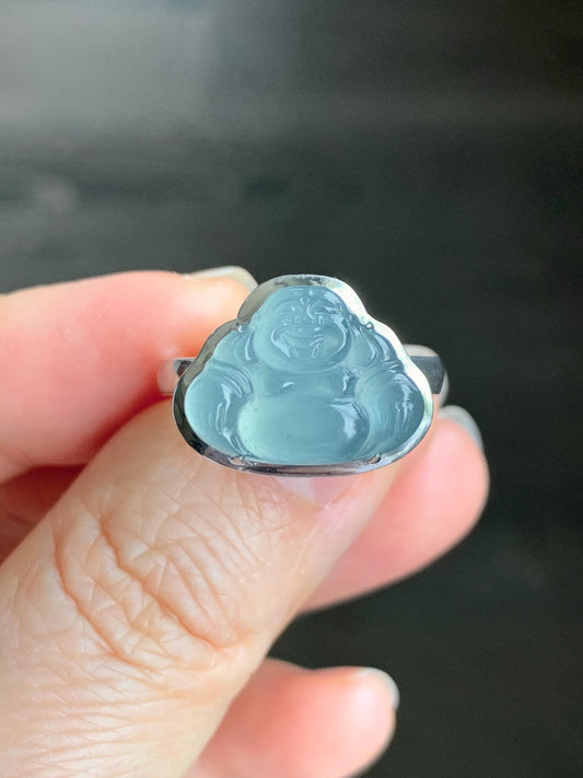 Certified Natural Guatemalan Icy Highly Translucent Light Teal Blue Jadeite Buddha Ring Sterling Silver Size 7
