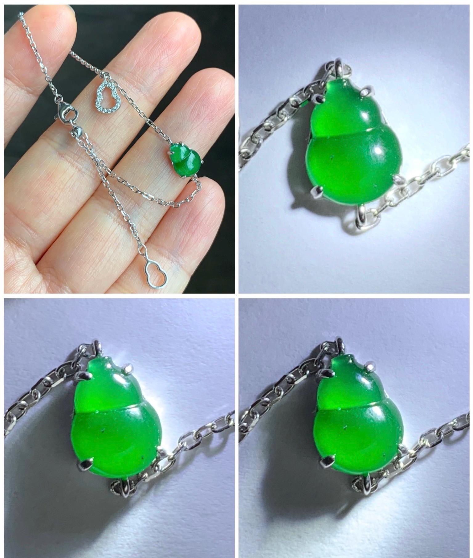 Natural Grade A Guatemalan Icy Translucent Vibrant Green Gourd Hulu Jadeite & Charm Chain Bracelet Sterling Silver 7.25" 天然冰危绿翡翠葫芦银手链