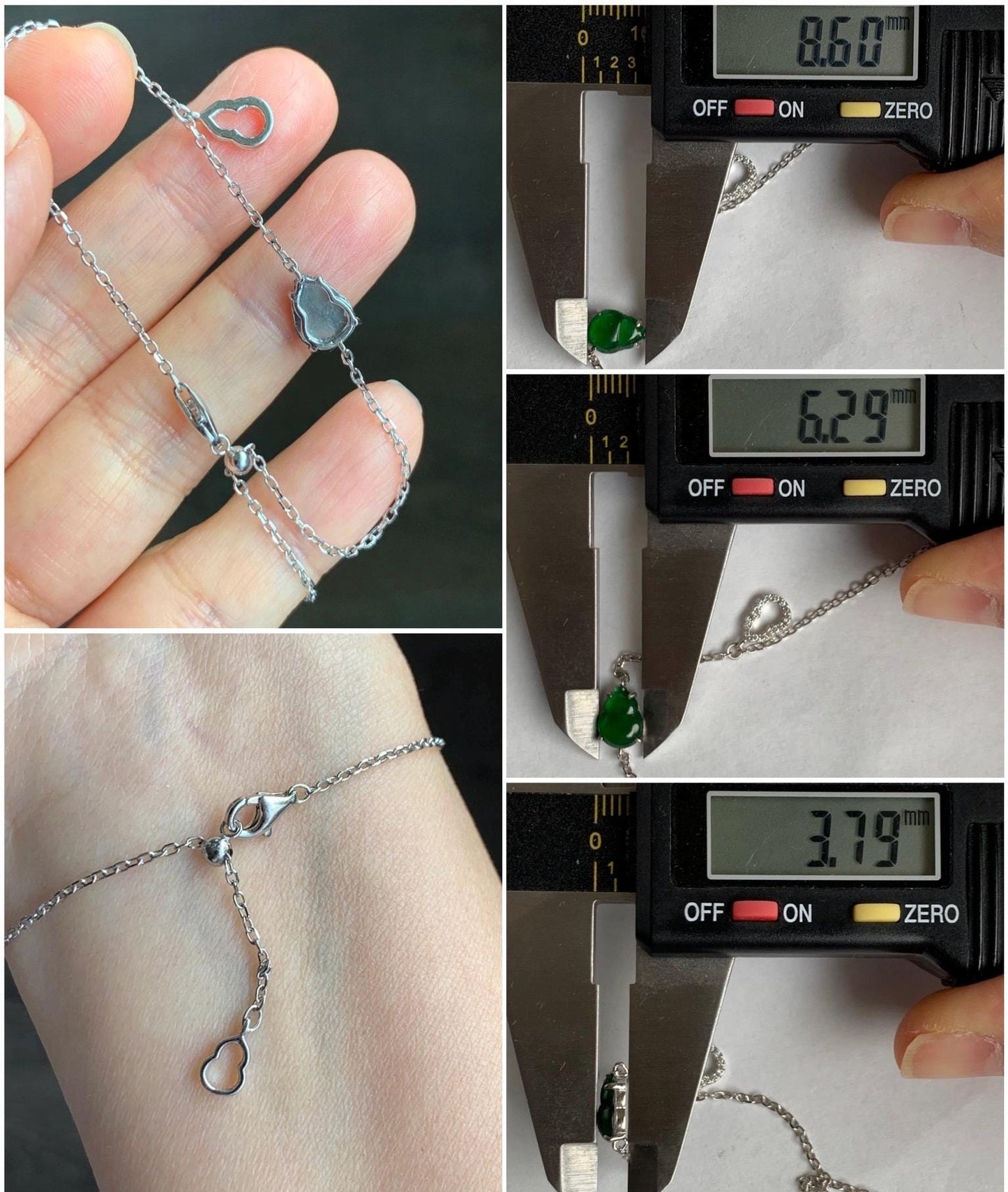Natural Grade A Guatemalan Icy Translucent Vibrant Green Gourd Hulu Jadeite & Charm Chain Bracelet Sterling Silver 7.25" 天然冰危绿翡翠葫芦银手链