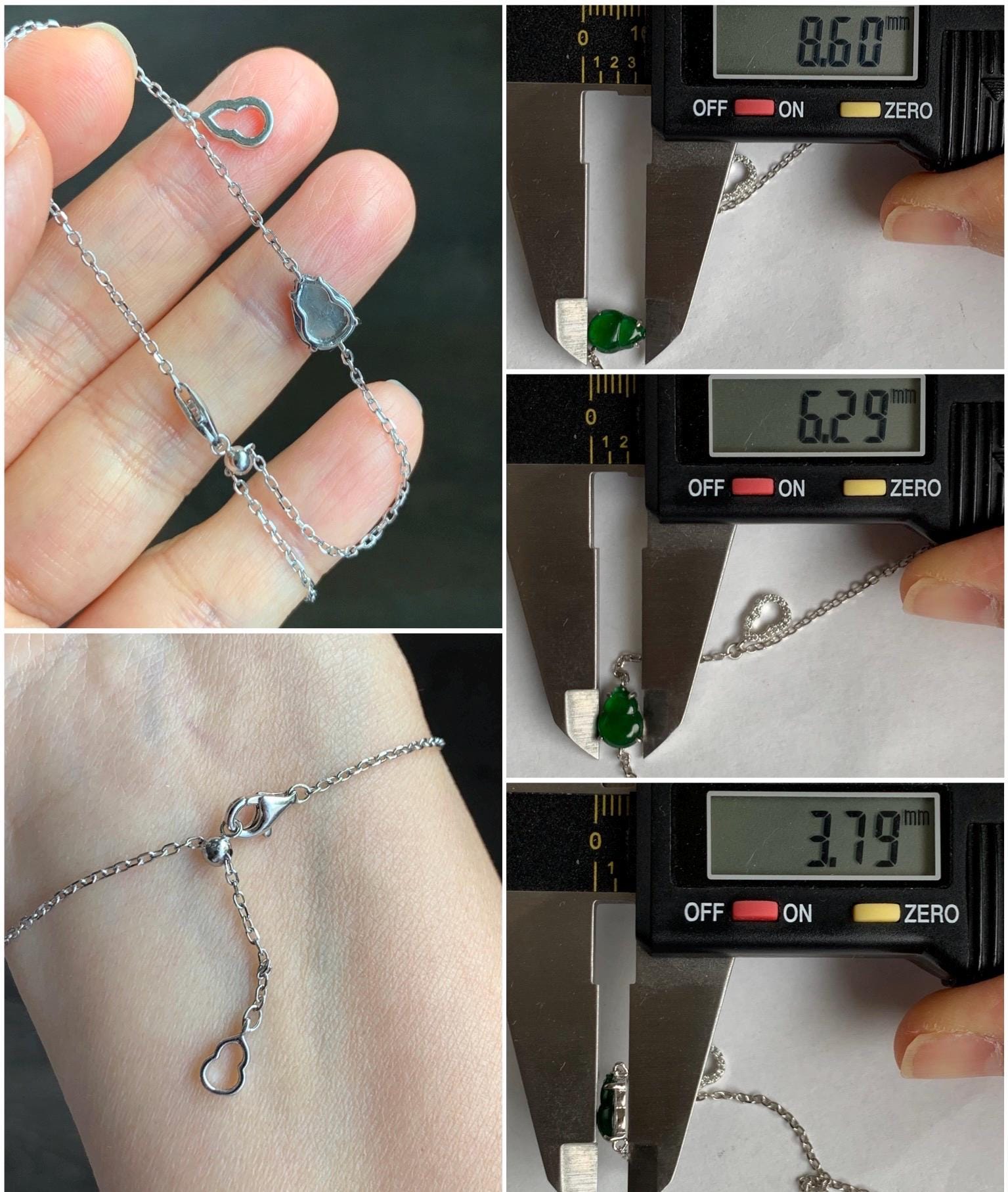 Natural Grade A Guatemalan Icy Translucent Vibrant Green Gourd Hulu Jadeite & Charm Chain Bracelet Sterling Silver 7.25" 天然冰危绿翡翠葫芦银手链