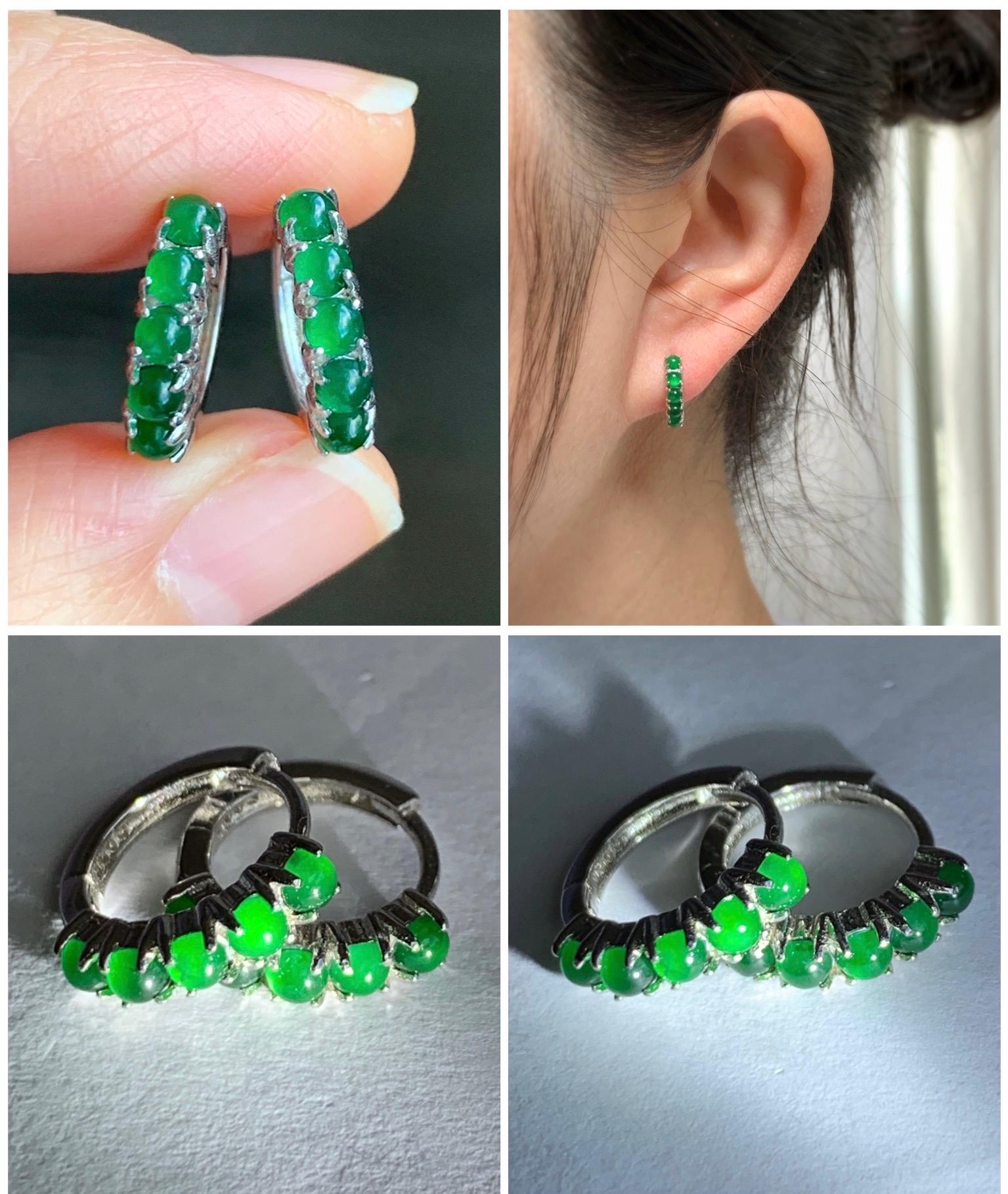 Natural Guatemalan Grade A Icy Translucent Vibrant Green Jadeite Hoop Huggie Earrings Sterling Silver 天然冰危绿翡翠银镶耳包 XEB88