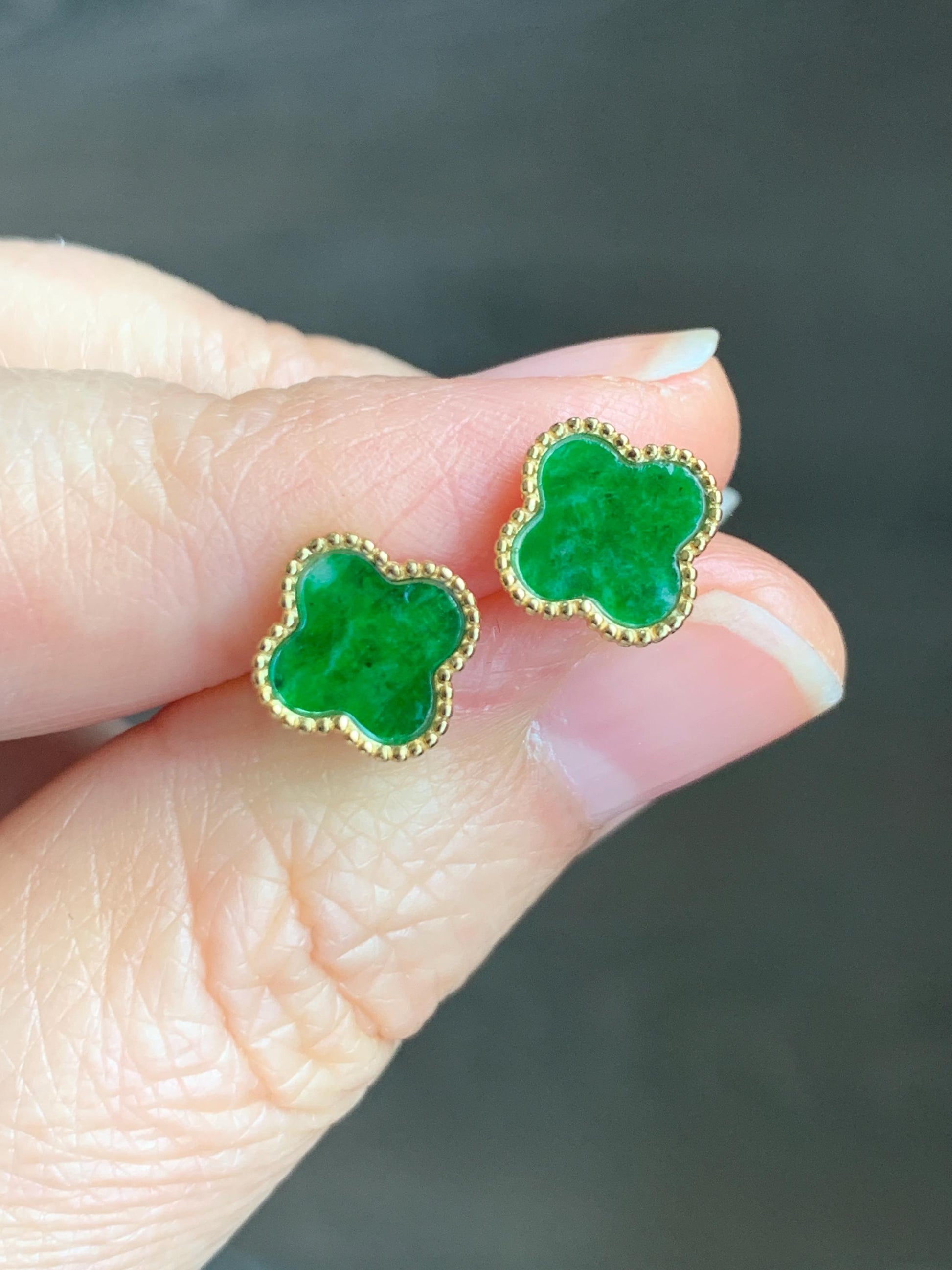Natural Grade A Vibrant Green Jadeite Clover Leaf Stud Earrings S925 Sterling Silver Yellow Gold Overlay