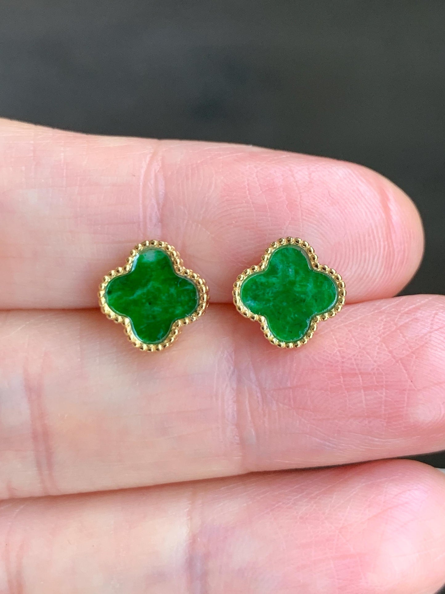 Natural Grade A Vibrant Green Jadeite Clover Leaf Stud Earrings S925 Sterling Silver Yellow Gold Overlay