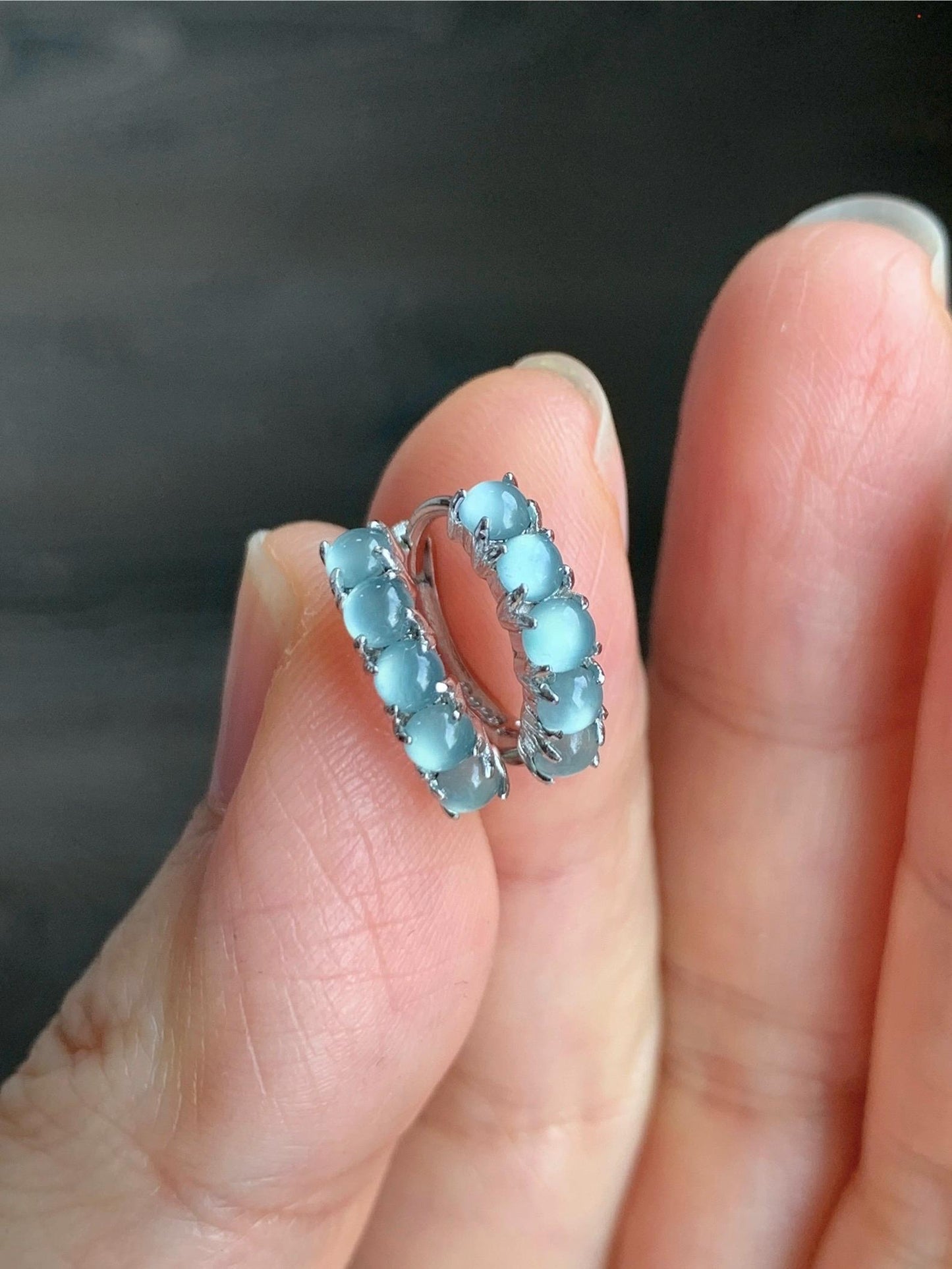 Natural Guatemalan Grade A Icy Highly Translucent Light Blue Jadeite Hoop Huggie Earrings Sterling Silver 天然冰危淡蓝起光翡翠银镶耳包 LEB160