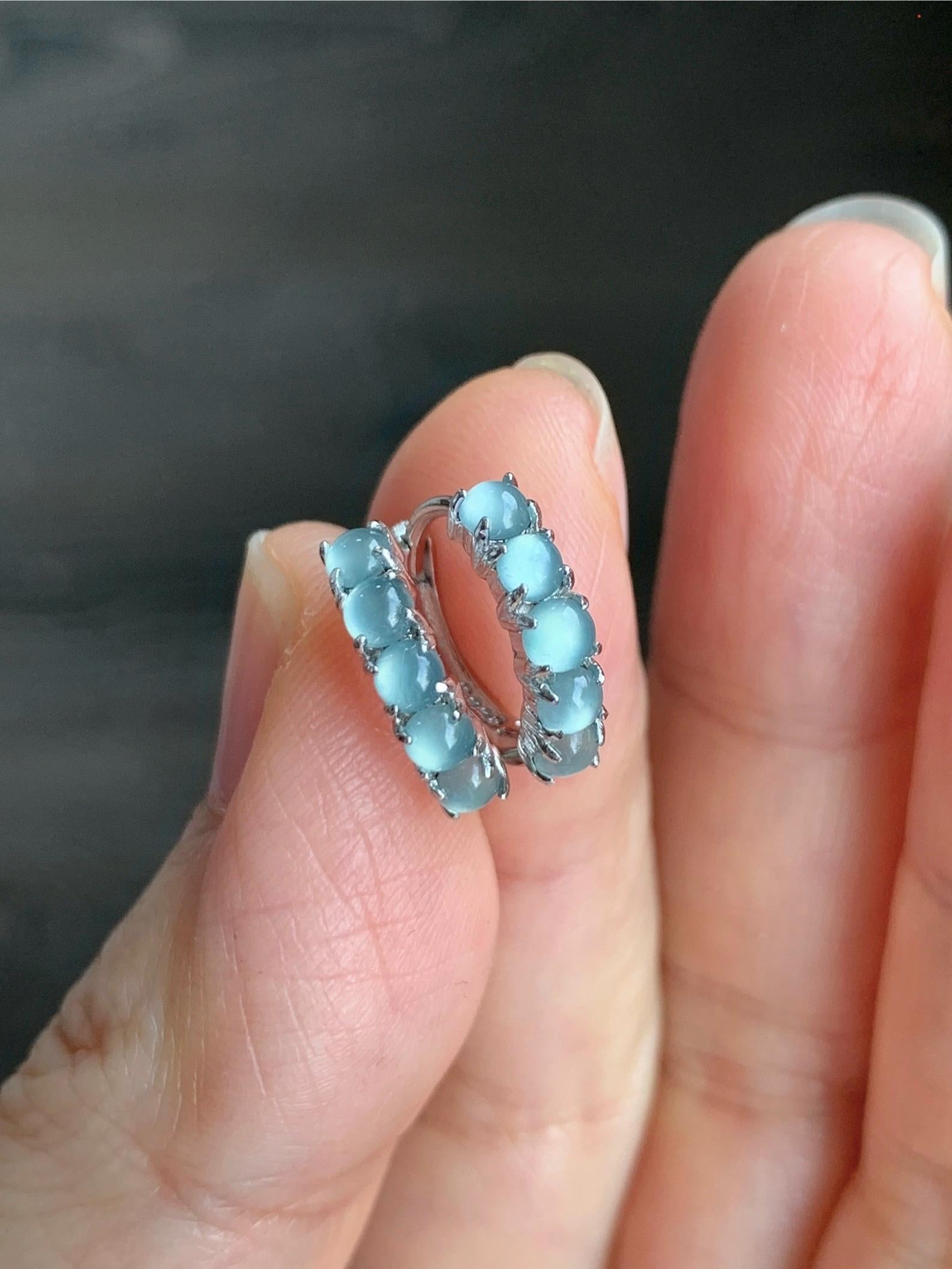 Natural Guatemalan Grade A Icy Highly Translucent Light Blue Jadeite Hoop Huggie Earrings Sterling Silver 天然冰危淡蓝起光翡翠银镶耳包 LEB160