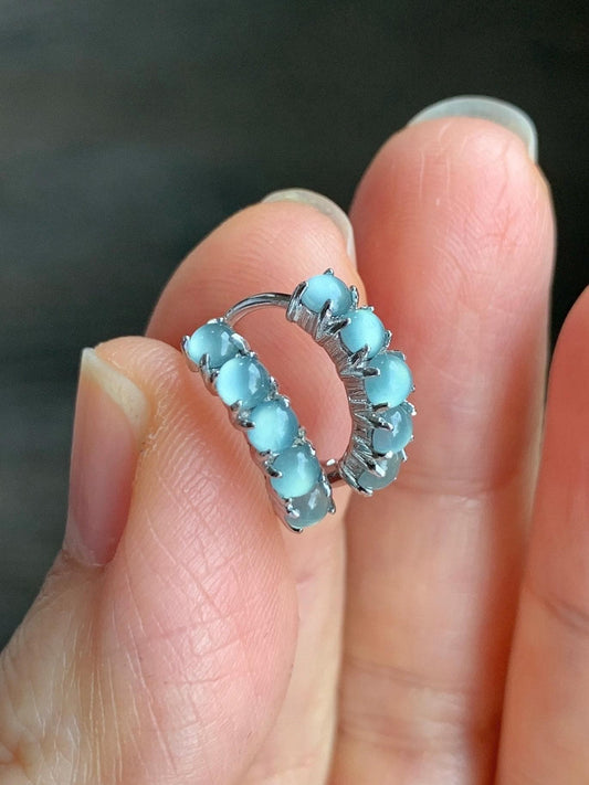 Natural Guatemalan Grade A Icy Highly Translucent Light Blue Jadeite Hoop Huggie Earrings Sterling Silver 天然冰危淡蓝起光翡翠银镶耳包