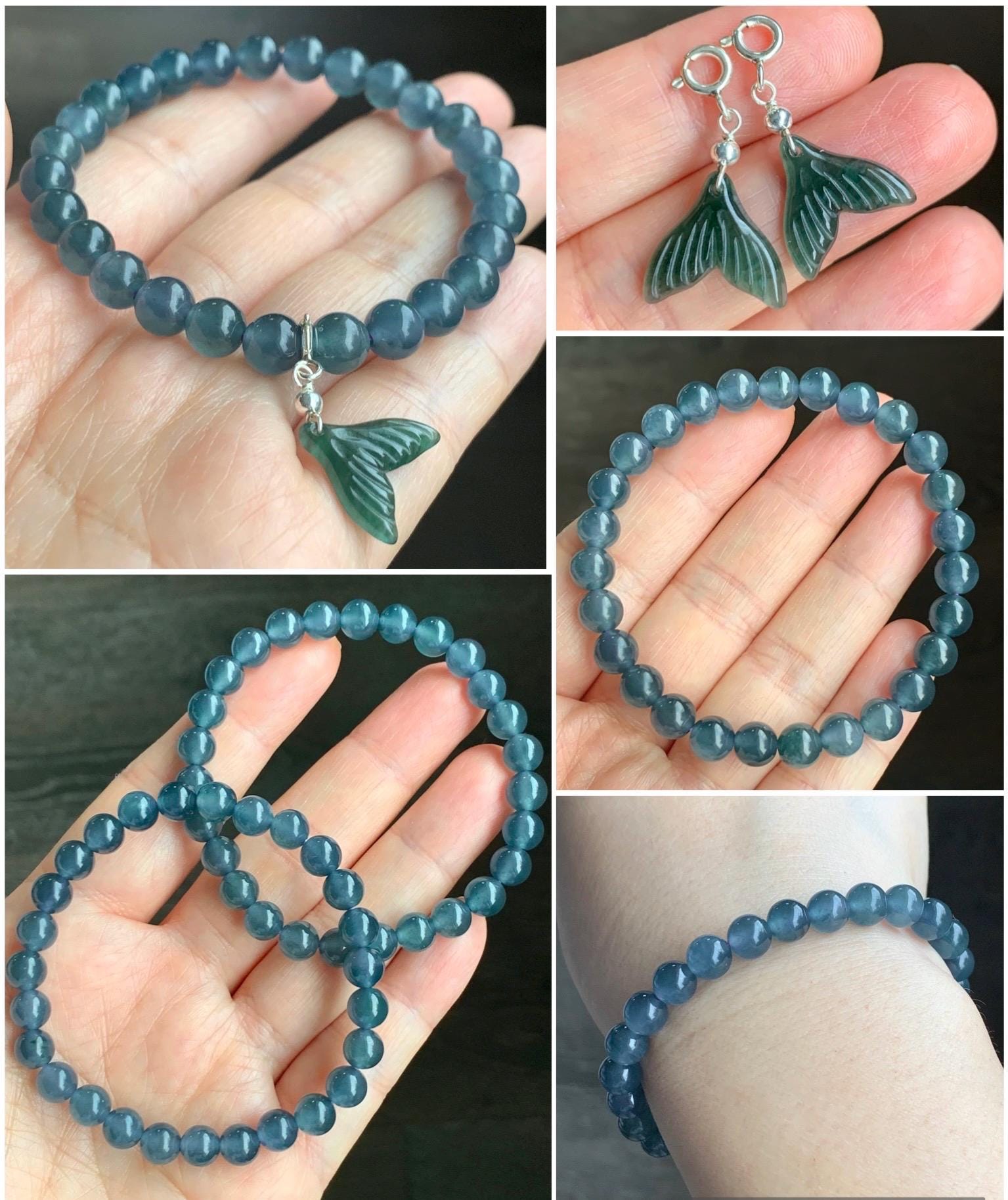 Natural Grade A Guatemalan Icy Highly Translucent Gelatinous Aegean Blue Jadeite Beaded Bracelet w/ Whale Tail Charm 6.8mm 6.75"