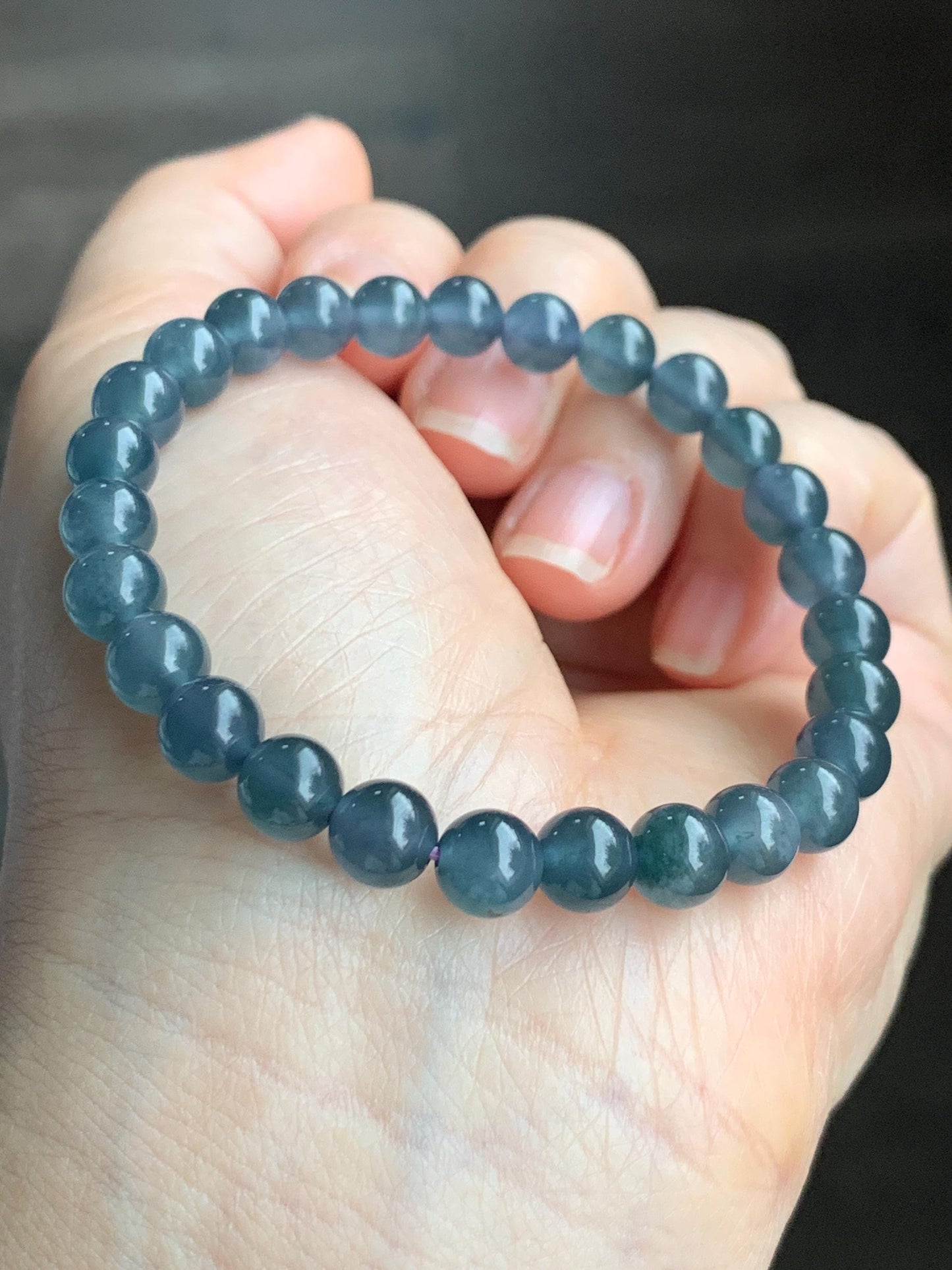 Natural Grade A Guatemalan Icy Highly Translucent Gelatinous Aegean Blue Jadeite Beaded Bracelet w/ Whale Tail Charm 6.8mm 6.75&quot;