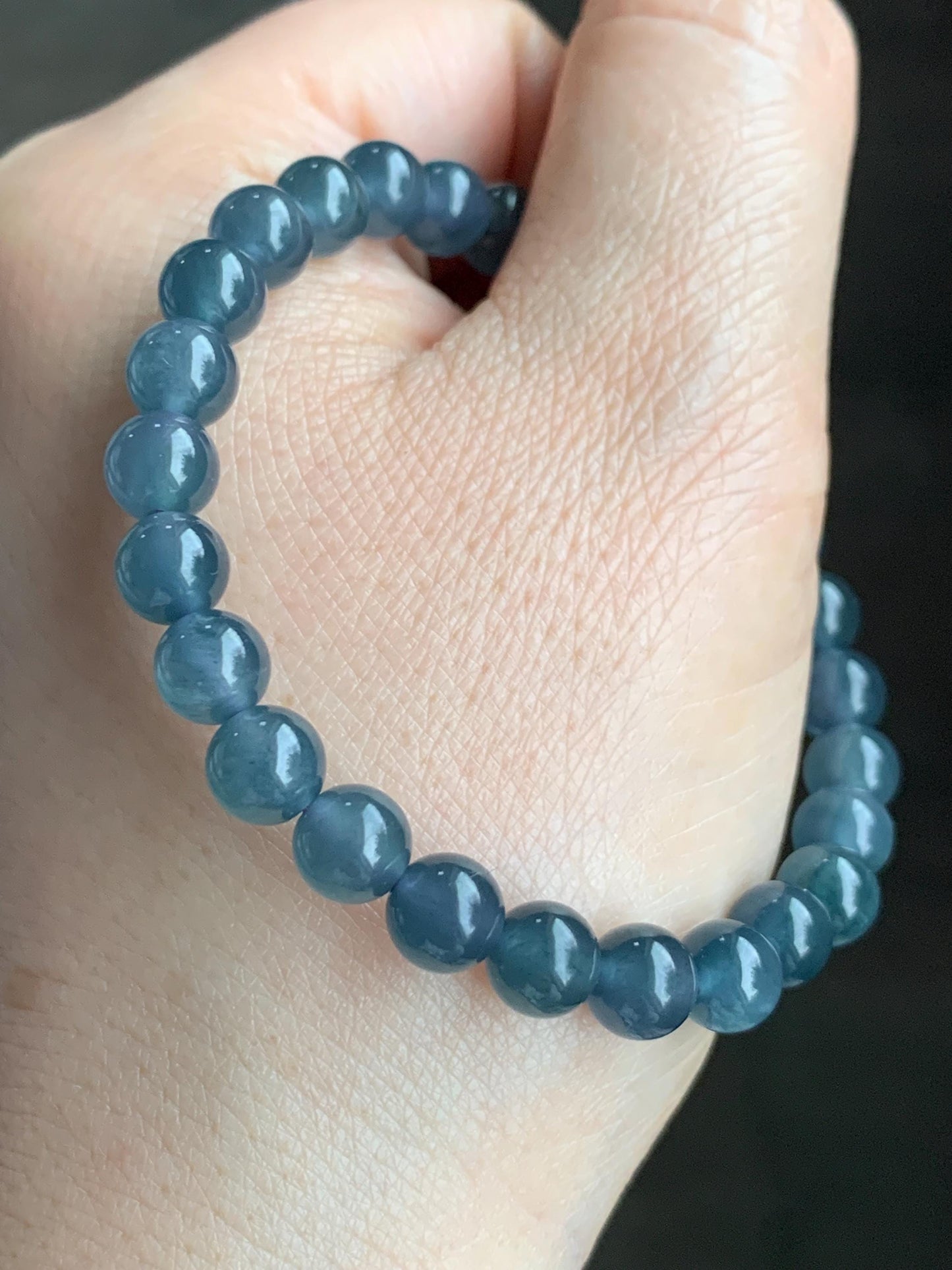 Natural Grade A Guatemalan Icy Highly Translucent Gelatinous Aegean Blue Jadeite Beaded Bracelet w/ Whale Tail Charm 6.8mm 6.75"
