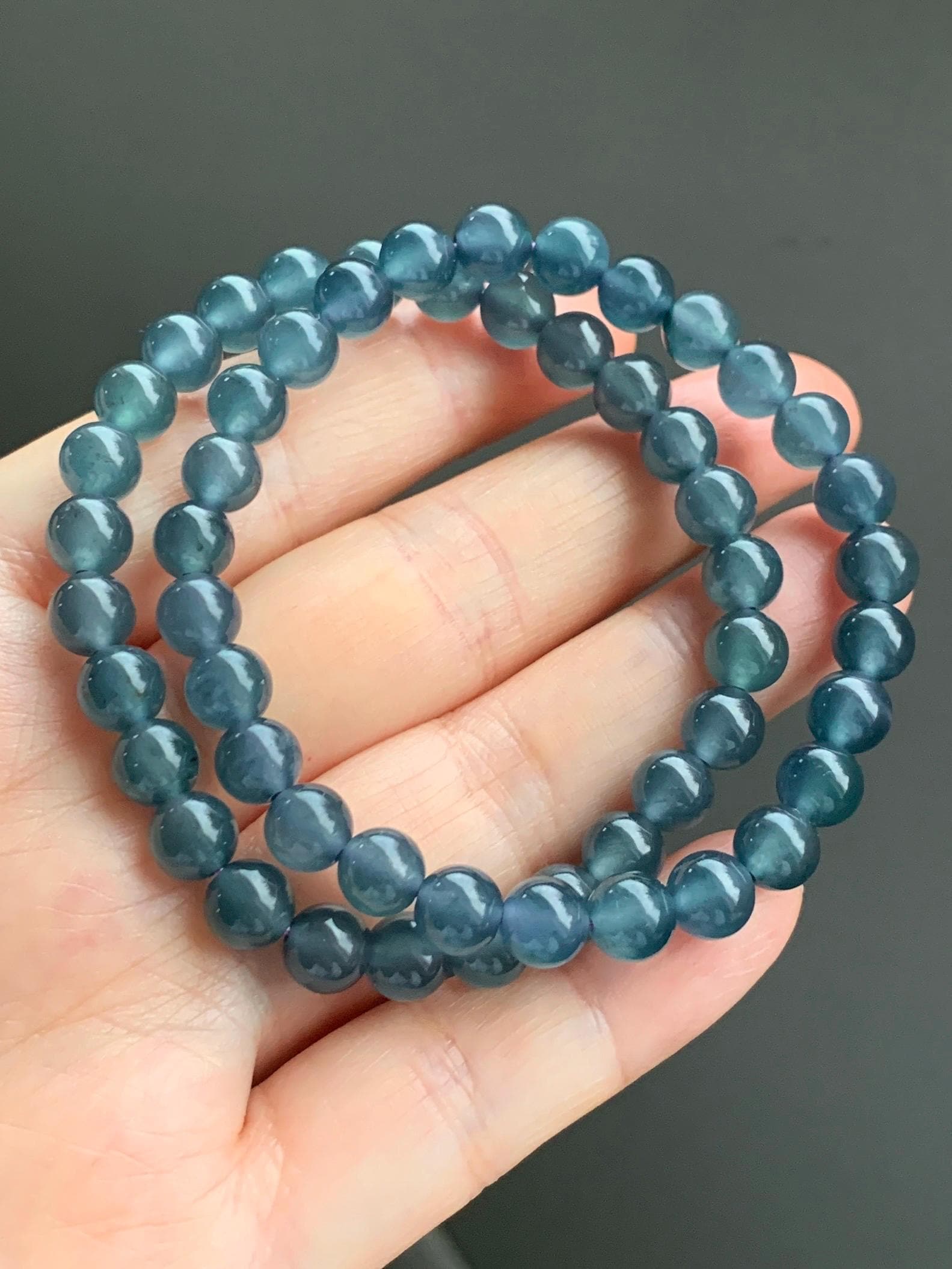 Natural Grade A Guatemalan Icy Highly Translucent Gelatinous Aegean Blue Jadeite Beaded Bracelet w/ Whale Tail Charm 6.8mm 6.75"