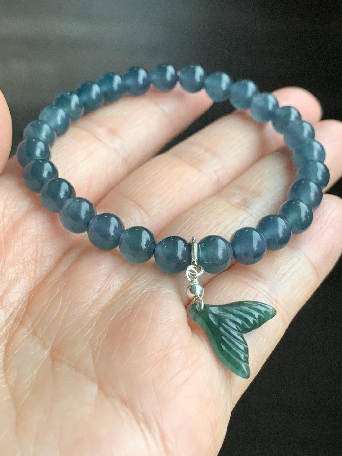 Natural Grade A Guatemalan Icy Highly Translucent Gelatinous Aegean Blue Jadeite Beaded Bracelet w/ Whale Tail Charm 6.8mm 6.75"