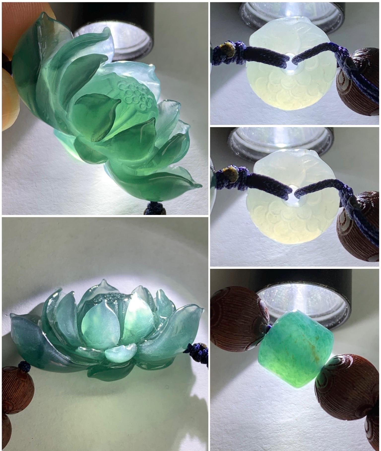 Stunning Natural Guatemalan Icy Translucent Jadeite Carved 3D Lotus Flower Dragon Donut Wood Beads Beaded Bracelet 6.75” 天然冰胶危蓝翡翠立体莲花龙扣木珠手串