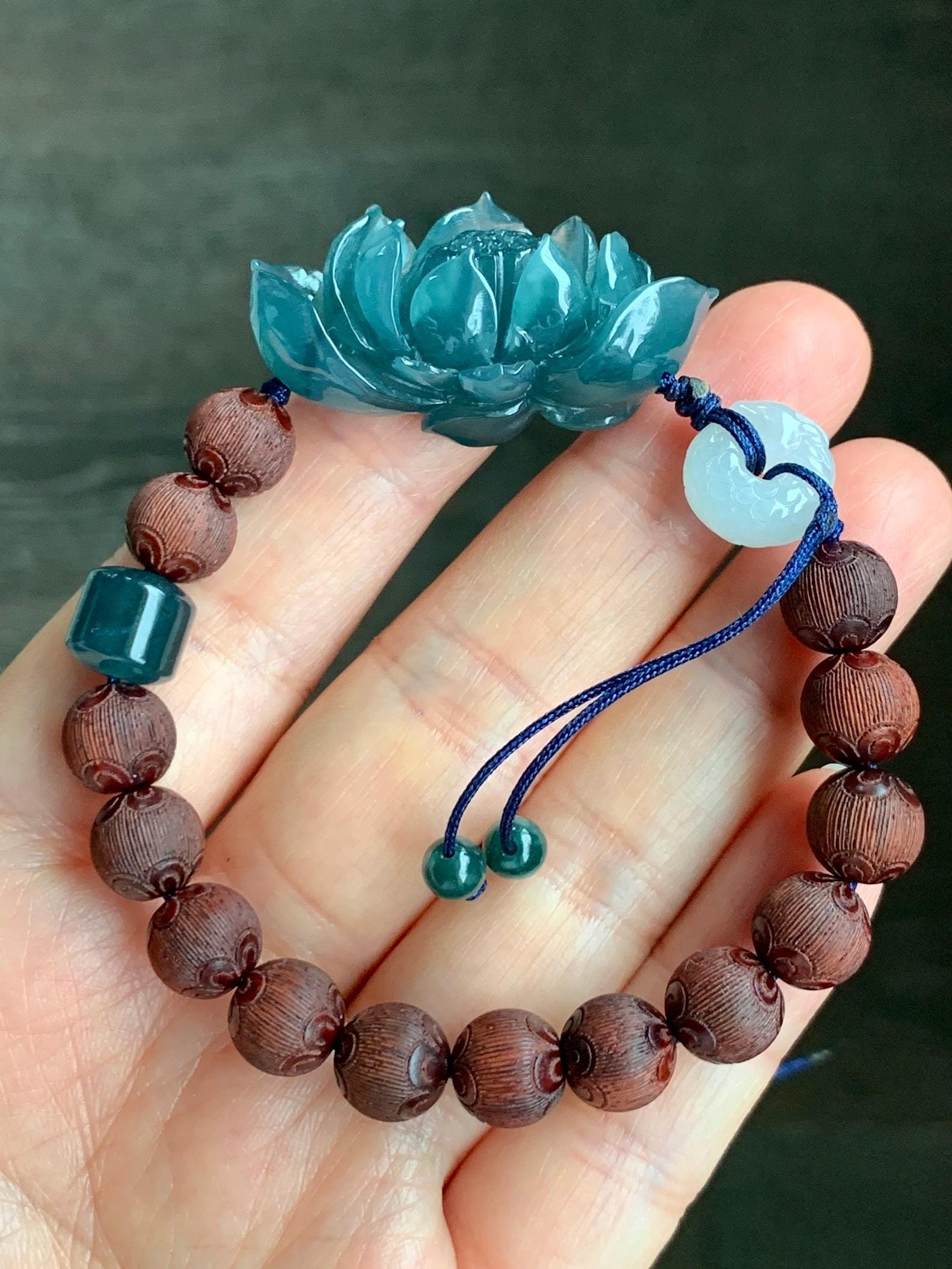 Stunning Natural Guatemalan Icy Translucent Jadeite Carved 3D Lotus Flower Dragon Donut Wood Beads Beaded Bracelet 6.75” 天然冰胶危蓝翡翠立体莲花龙扣木珠手串