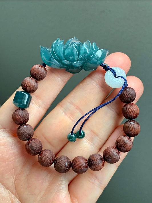 Stunning Natural Guatemalan Icy Translucent Jadeite Carved 3D Lotus Flower Dragon Donut Wood Beads Beaded Bracelet 6.75” 天然冰胶危蓝翡翠立体莲花龙扣木珠手串