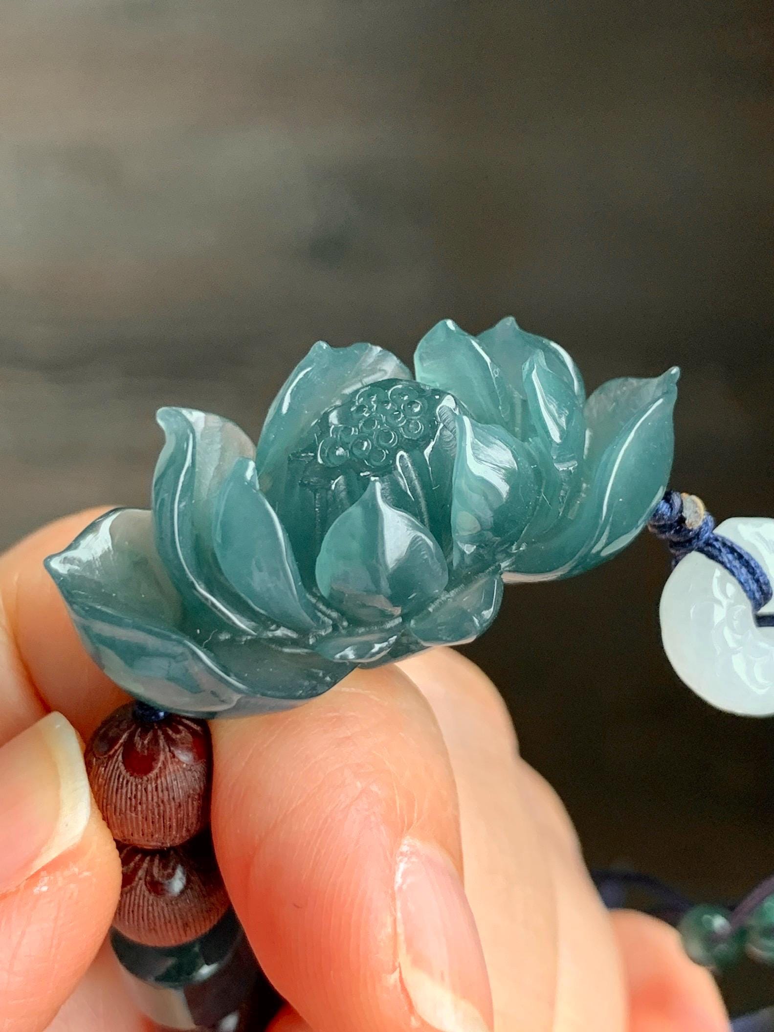 Stunning Natural Guatemalan Icy Translucent Jadeite Carved 3D Lotus Flower Dragon Donut Wood Beads Beaded Bracelet 6.75” 天然冰胶危蓝翡翠立体莲花龙扣木珠手串