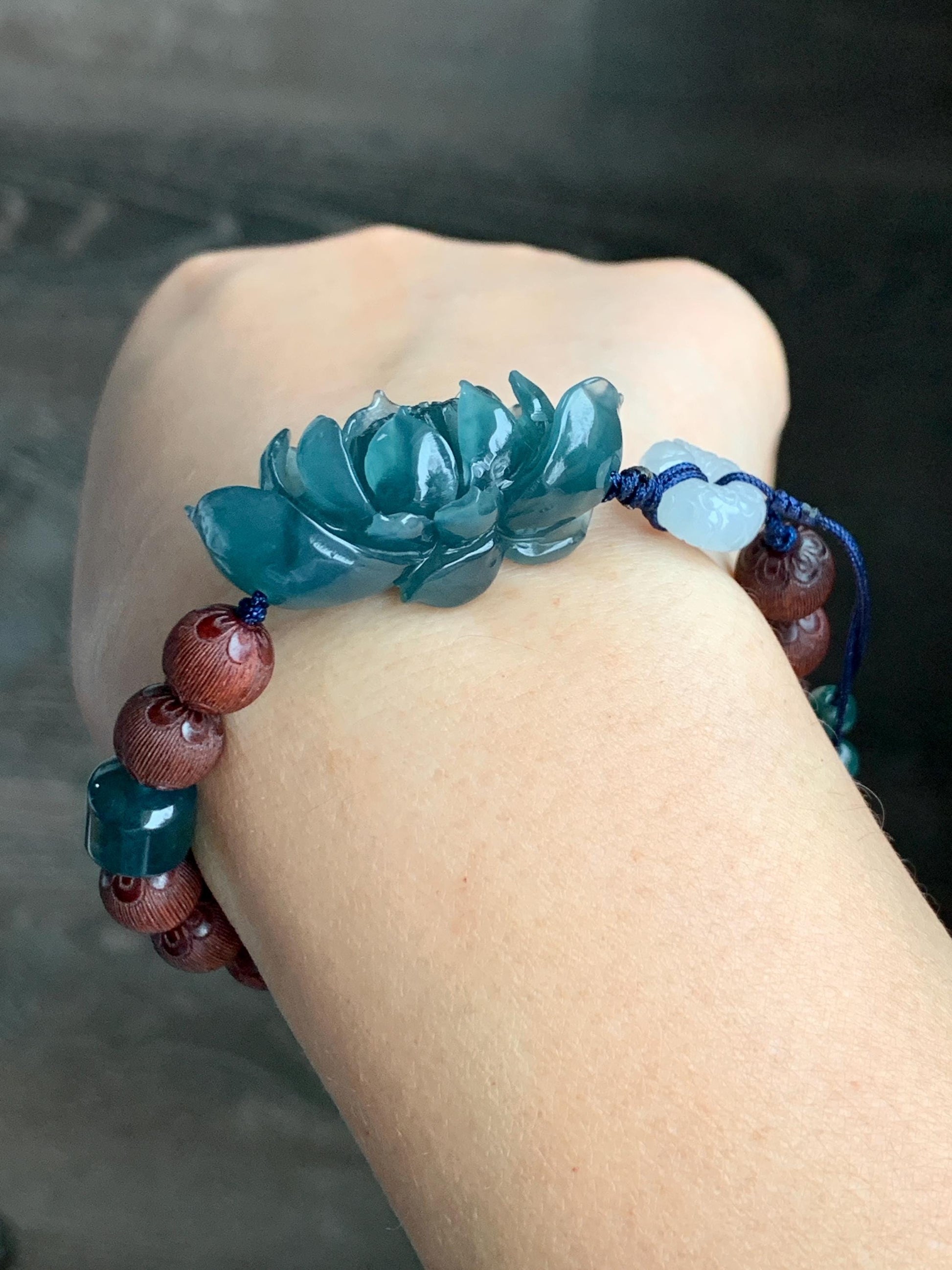 Stunning Natural Guatemalan Icy Translucent Jadeite Carved 3D Lotus Flower Dragon Donut Wood Beads Beaded Bracelet 6.75” 天然冰胶危蓝翡翠立体莲花龙扣木珠手串