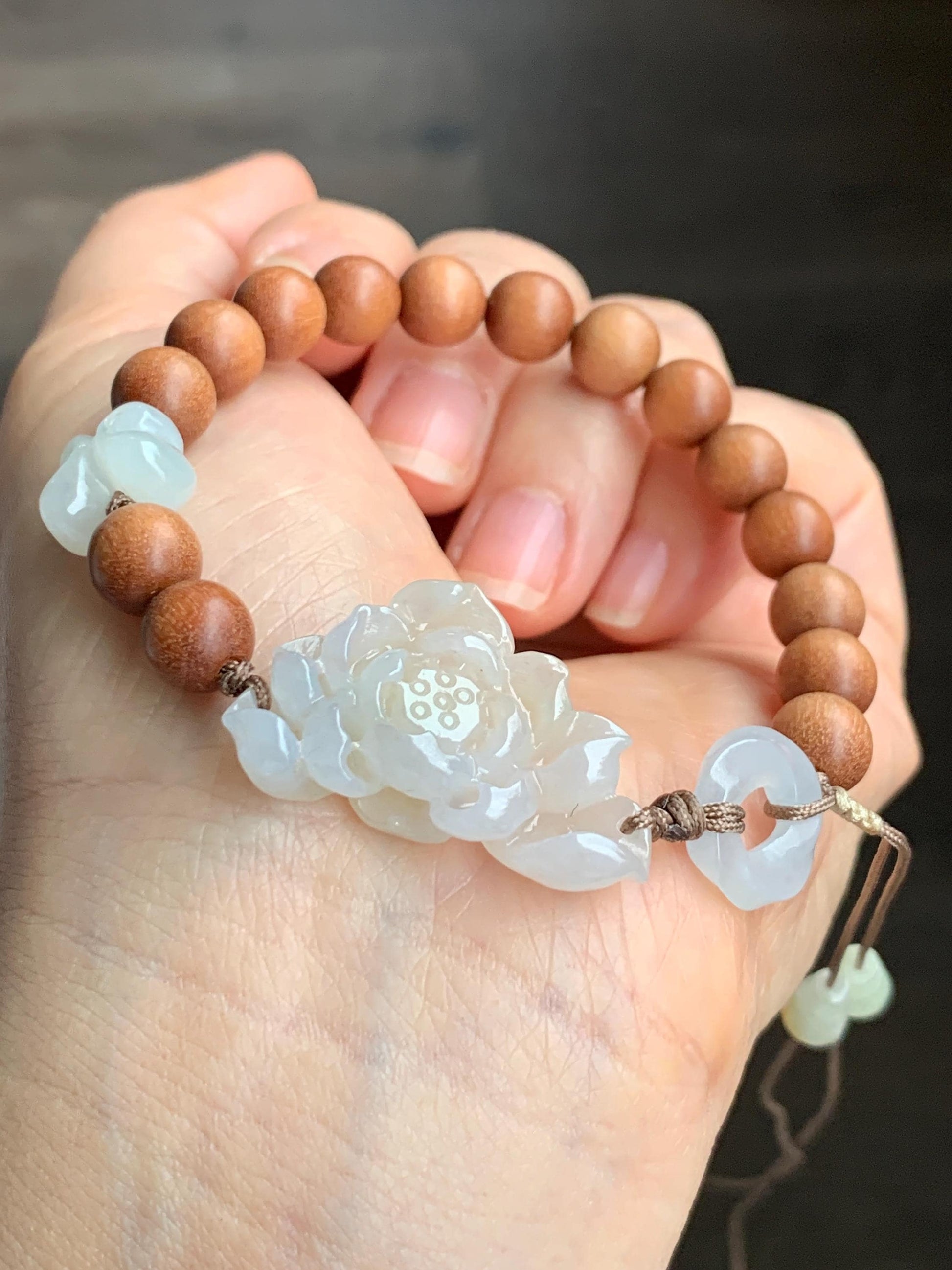 Stunning Natural Icy Translucent Light Beige Jadeite Carved 3D Lotus Flower Donut Butterfly Wood Beads Beaded Bracelet 6.75” 天然起胶冰糖黄翡翠莲花木珠手串