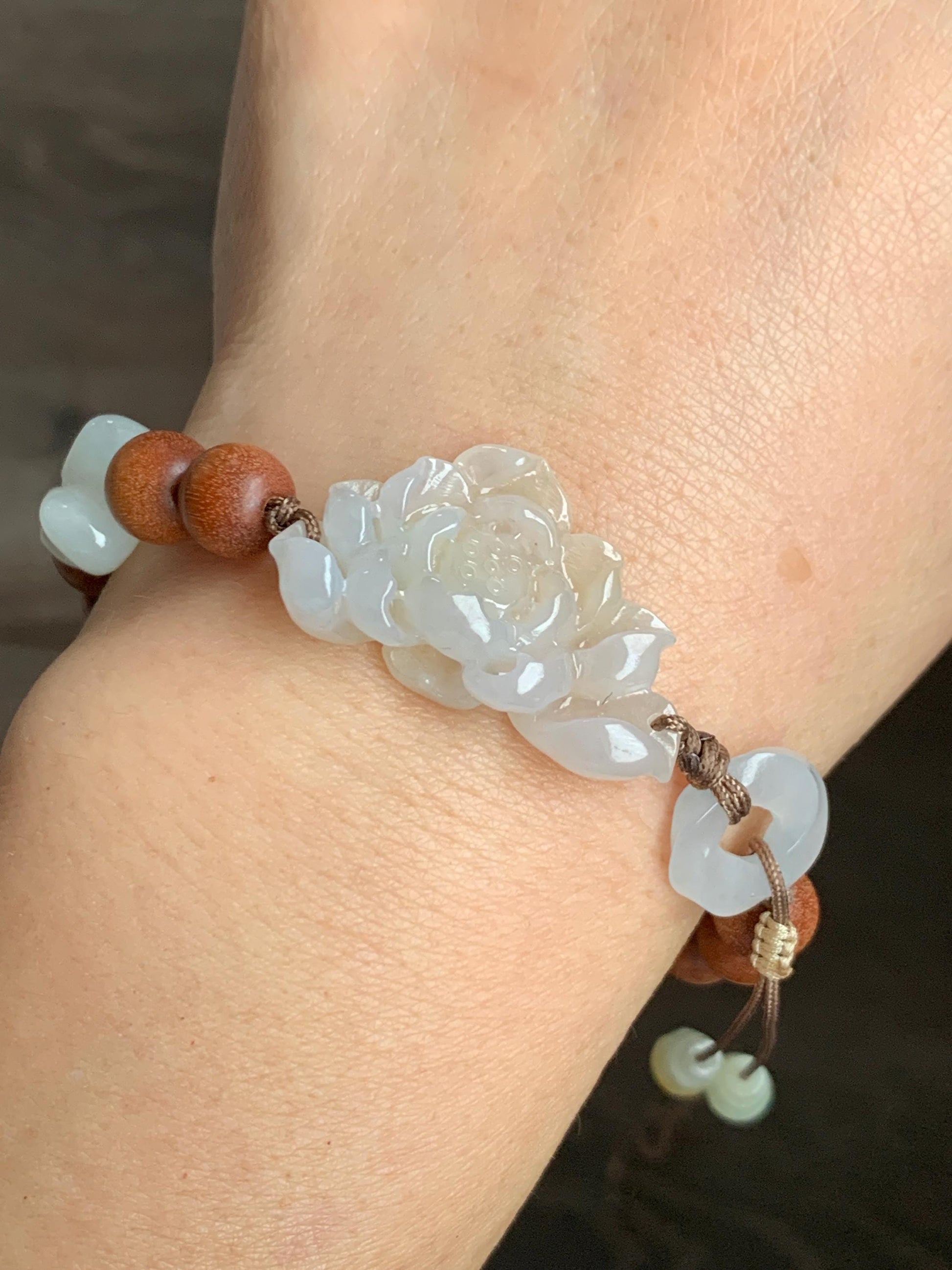 Stunning Natural Icy Translucent Light Beige Jadeite Carved 3D Lotus Flower Donut Butterfly Wood Beads Beaded Bracelet 6.75” 天然起胶冰糖黄翡翠莲花木珠手串