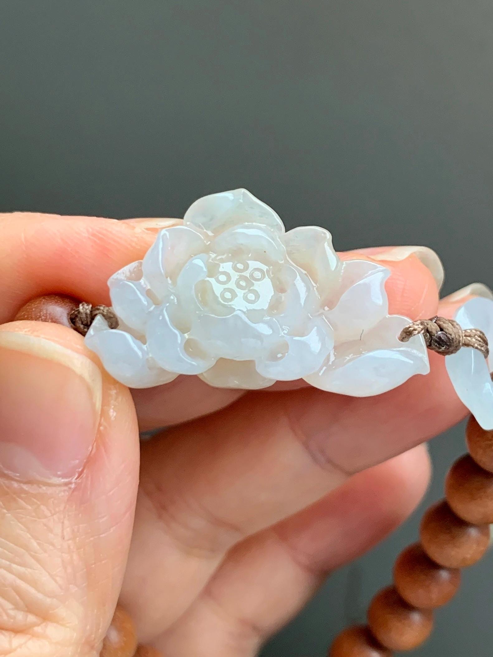 Stunning Natural Icy Translucent Light Beige Jadeite Carved 3D Lotus Flower Donut Butterfly Wood Beads Beaded Bracelet 6.75” 天然起胶冰糖黄翡翠莲花木珠手串