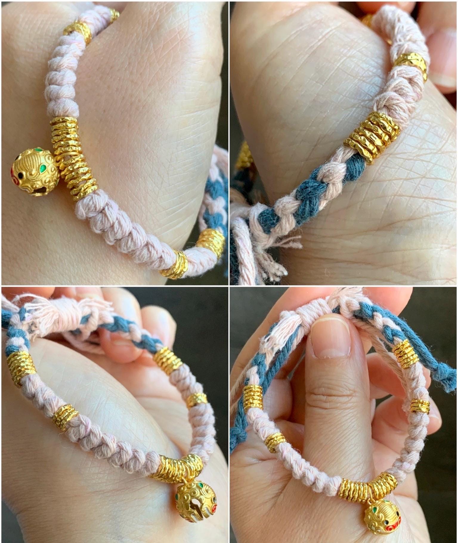 Sterling Silver Pan Chan Rings and Pixiu Charm Handcrafted Beaded Rope Fortune Bracelet Adjustable 6.75” 9g 纯银S925盘缠貔貅铃铛手工手绳