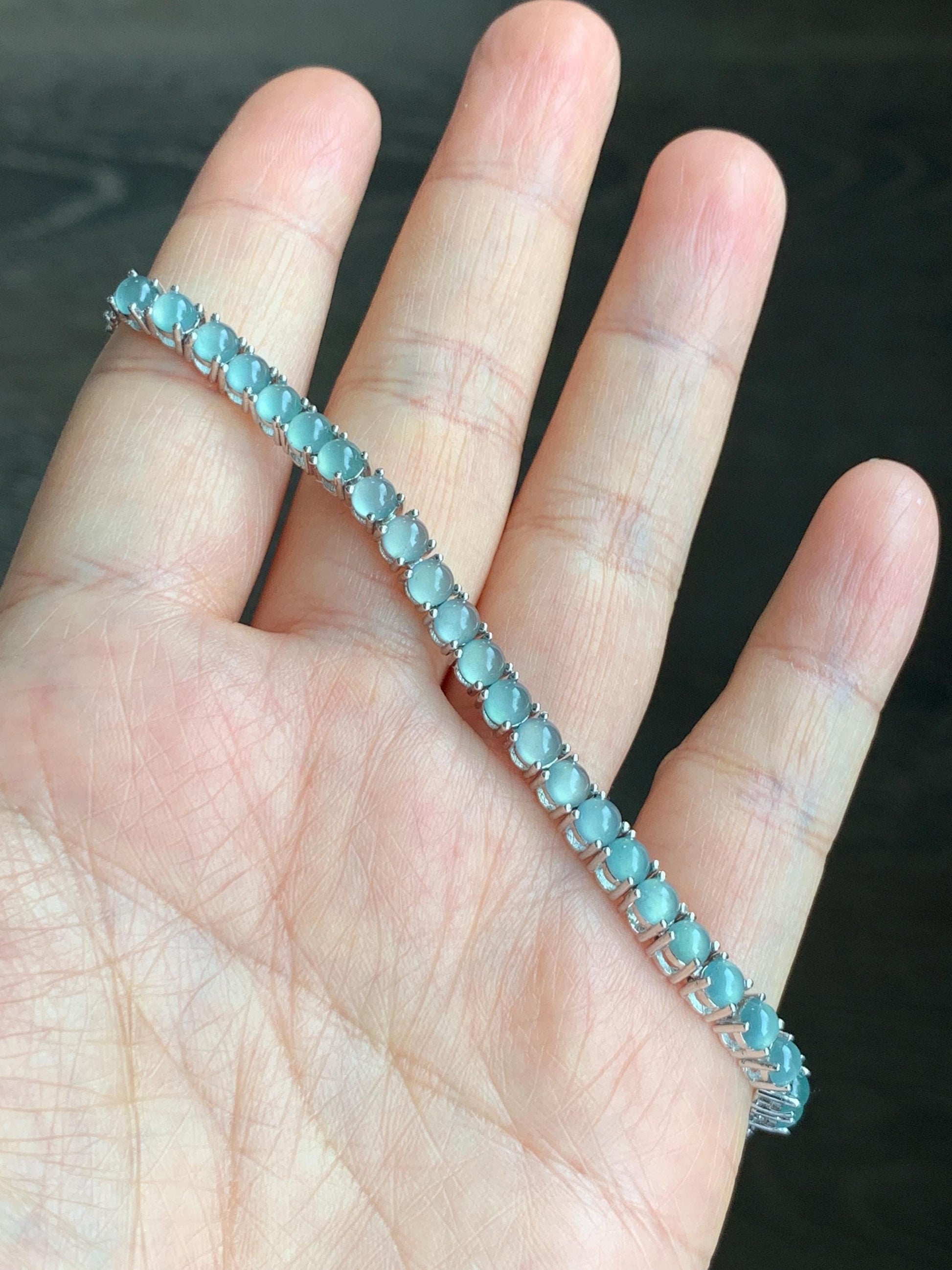 Certified Natural Guatemalan Grade A Icy Highly Translucent Light Blue Jadeite Tennis Bracelet Sterling Silver 6.5”-8” 天然冰危浅蓝起光翡翠银镶手链 1676