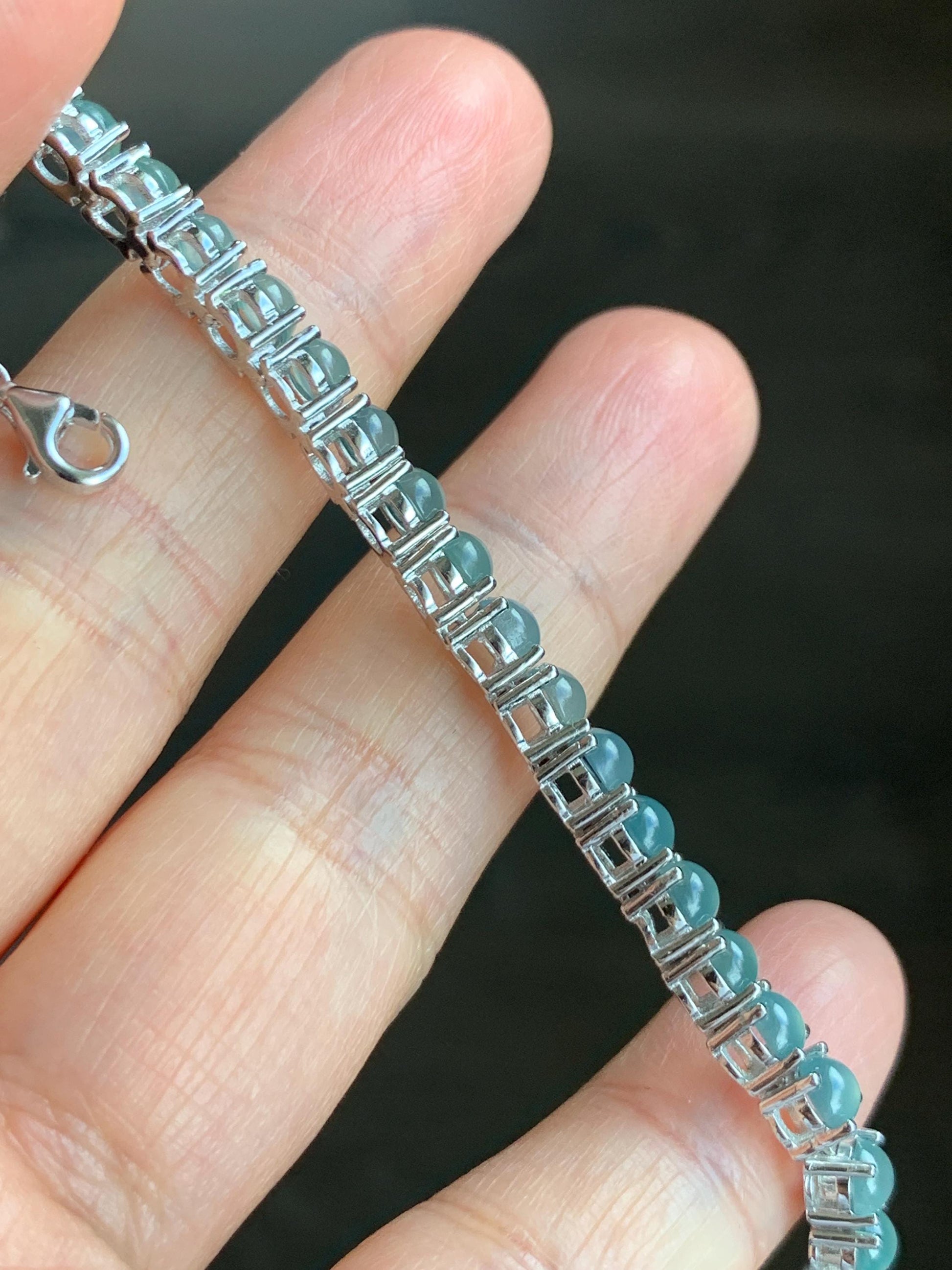 Certified Natural Guatemalan Grade A Icy Highly Translucent Light Blue Jadeite Tennis Bracelet Sterling Silver 6.5”-8” 天然冰危浅蓝起光翡翠银镶手链 1676