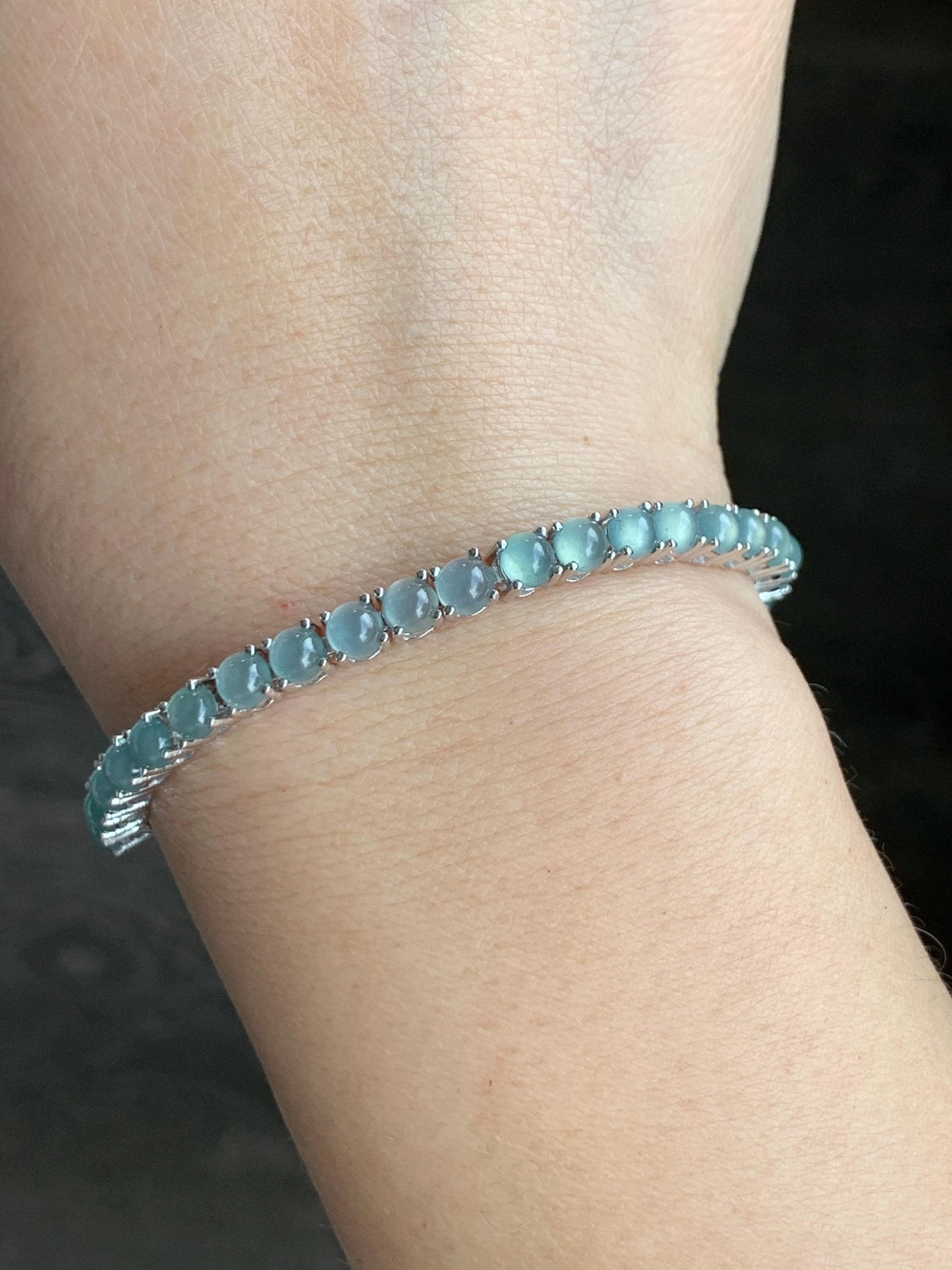 Certified Natural Guatemalan Grade A Icy Highly Translucent Light Blue Jadeite Tennis Bracelet Sterling Silver 6.5”-8” 天然冰危浅蓝起光翡翠银镶手链 1676