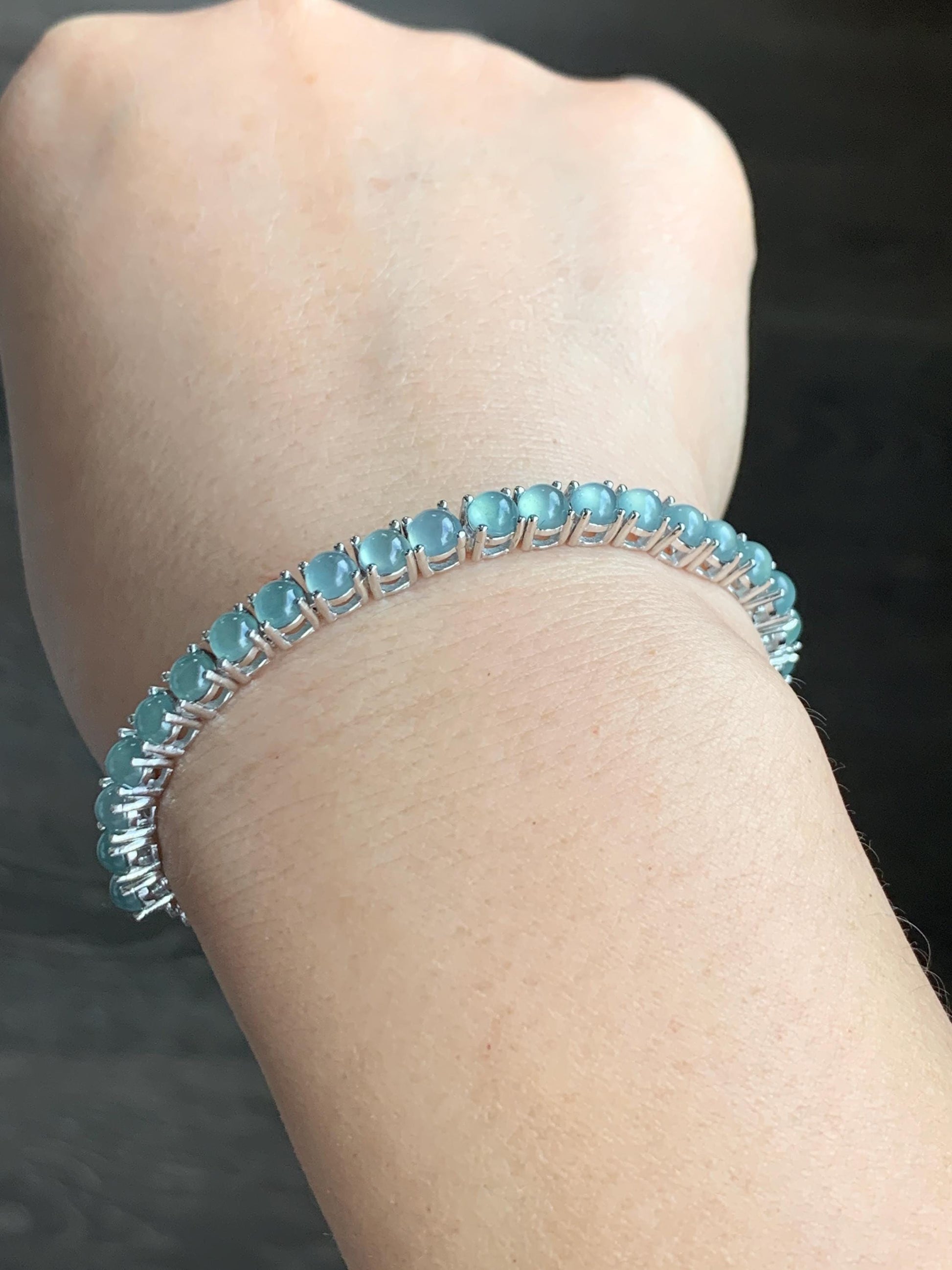 Certified Natural Guatemalan Grade A Icy Highly Translucent Light Blue Jadeite Tennis Bracelet Sterling Silver 6.5”-8” 天然冰危浅蓝起光翡翠银镶手链 1676