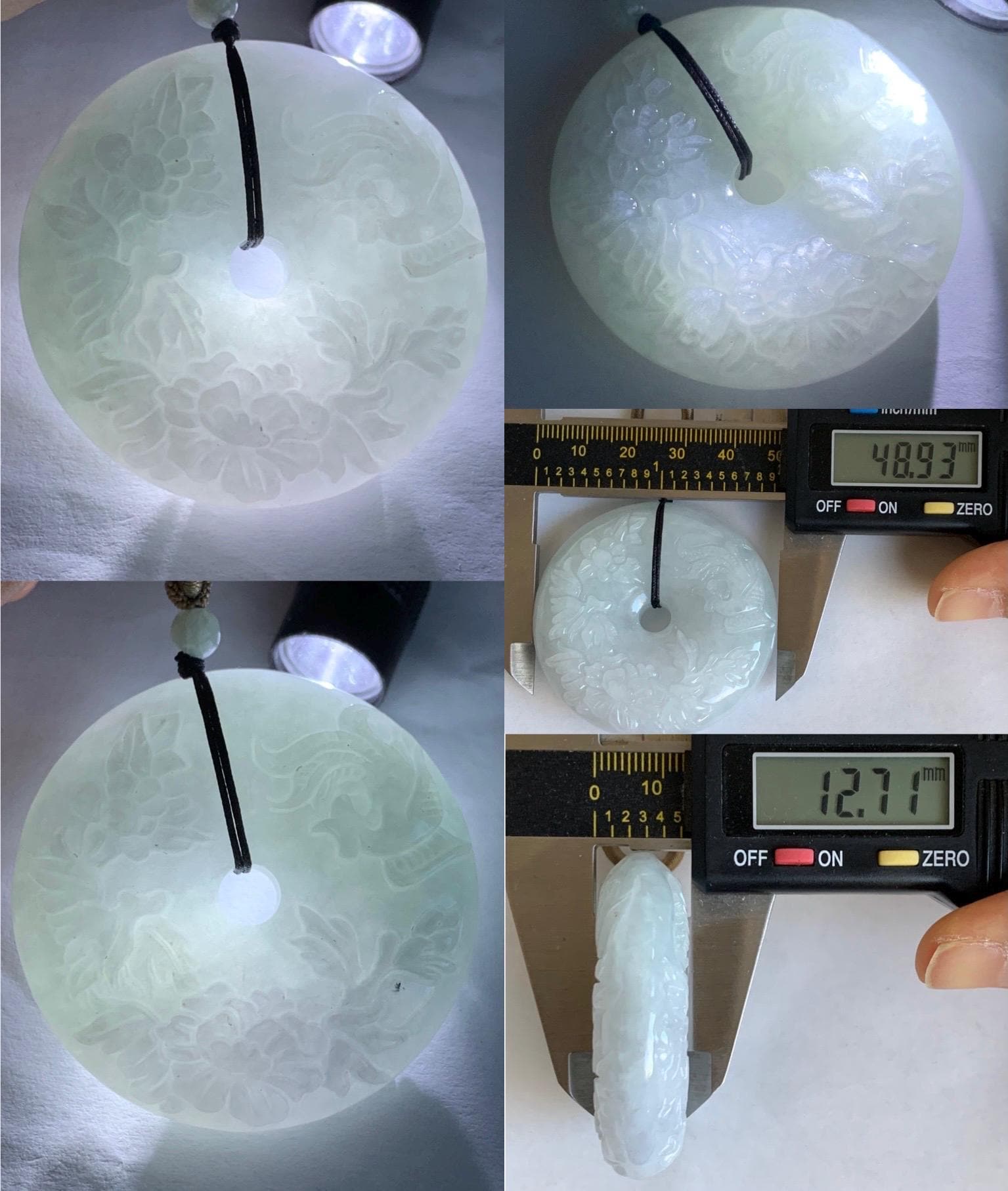 Natural Grade A Icy Translucent Pale Green Jadeite Carved Ping An Kou Donut Pendant Rope Necklace Adjustable 24" 天然糯冰翡翠花开富贵双面雕平安扣吊坠 DLW411