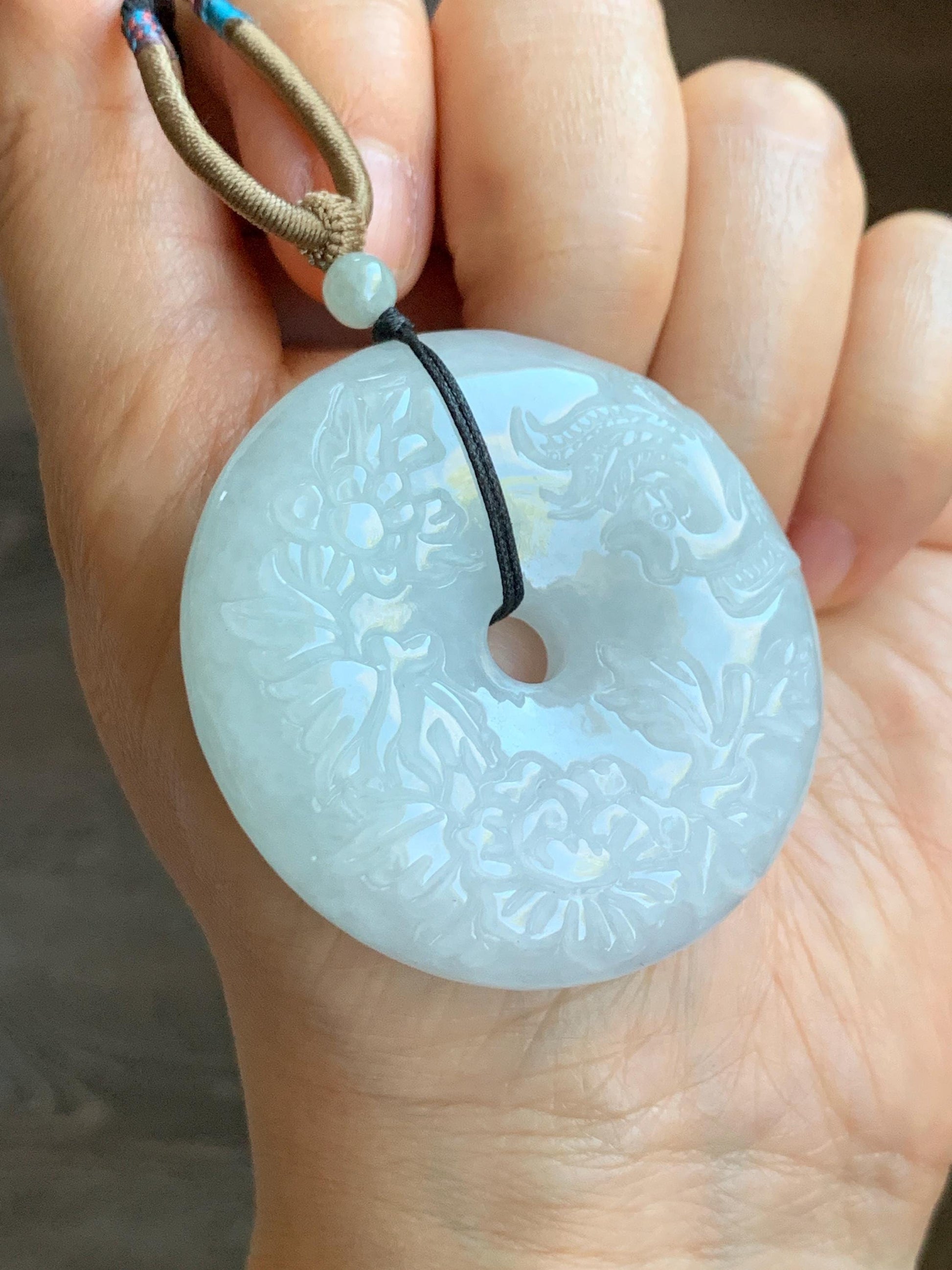 Natural Grade A Icy Translucent Pale Green Jadeite Carved Ping An Kou Donut Pendant Rope Necklace Adjustable 24" 天然糯冰翡翠花开富贵双面雕平安扣吊坠 DLW411