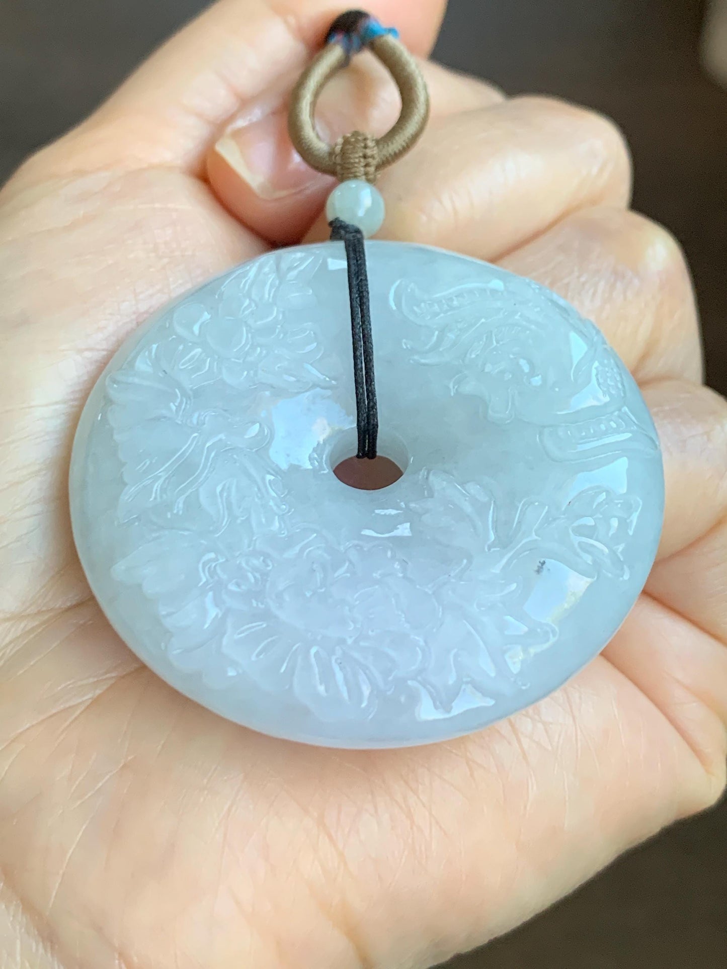 Natural Grade A Icy Translucent Pale Green Jadeite Carved Ping An Kou Donut Pendant Rope Necklace Adjustable 24" 天然糯冰翡翠花开富贵双面雕平安扣吊坠 DLW411