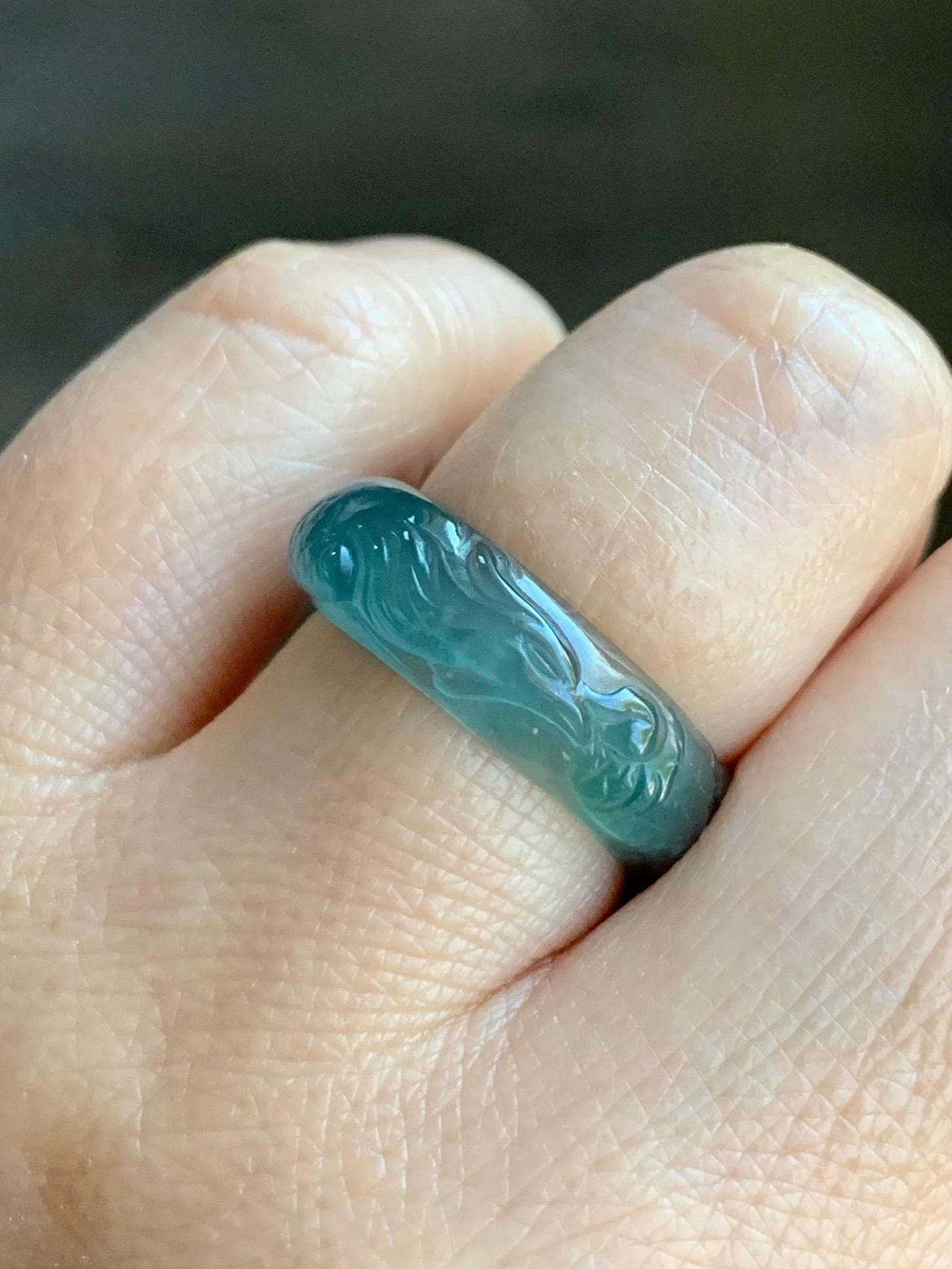 Certified Natural Guatemalan Premium Icy Highly Translucent Teal Blue Jadeite Carved Phoenix Band Ring size 7.5 US 3g 天然冰胶起光危蓝翡翠凤凰戒圈戒指 1687