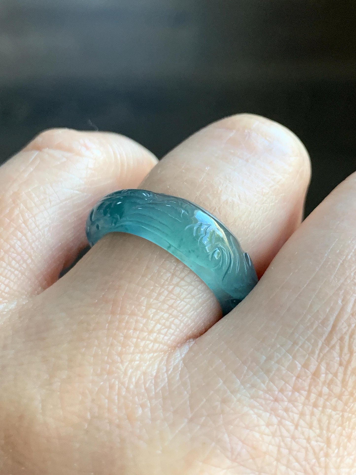 Certified Natural Guatemalan Premium Icy Highly Translucent Teal Blue Jadeite Carved Phoenix Band Ring size 7.5 US 3g 天然冰胶起光危蓝翡翠凤凰戒圈戒指 1687