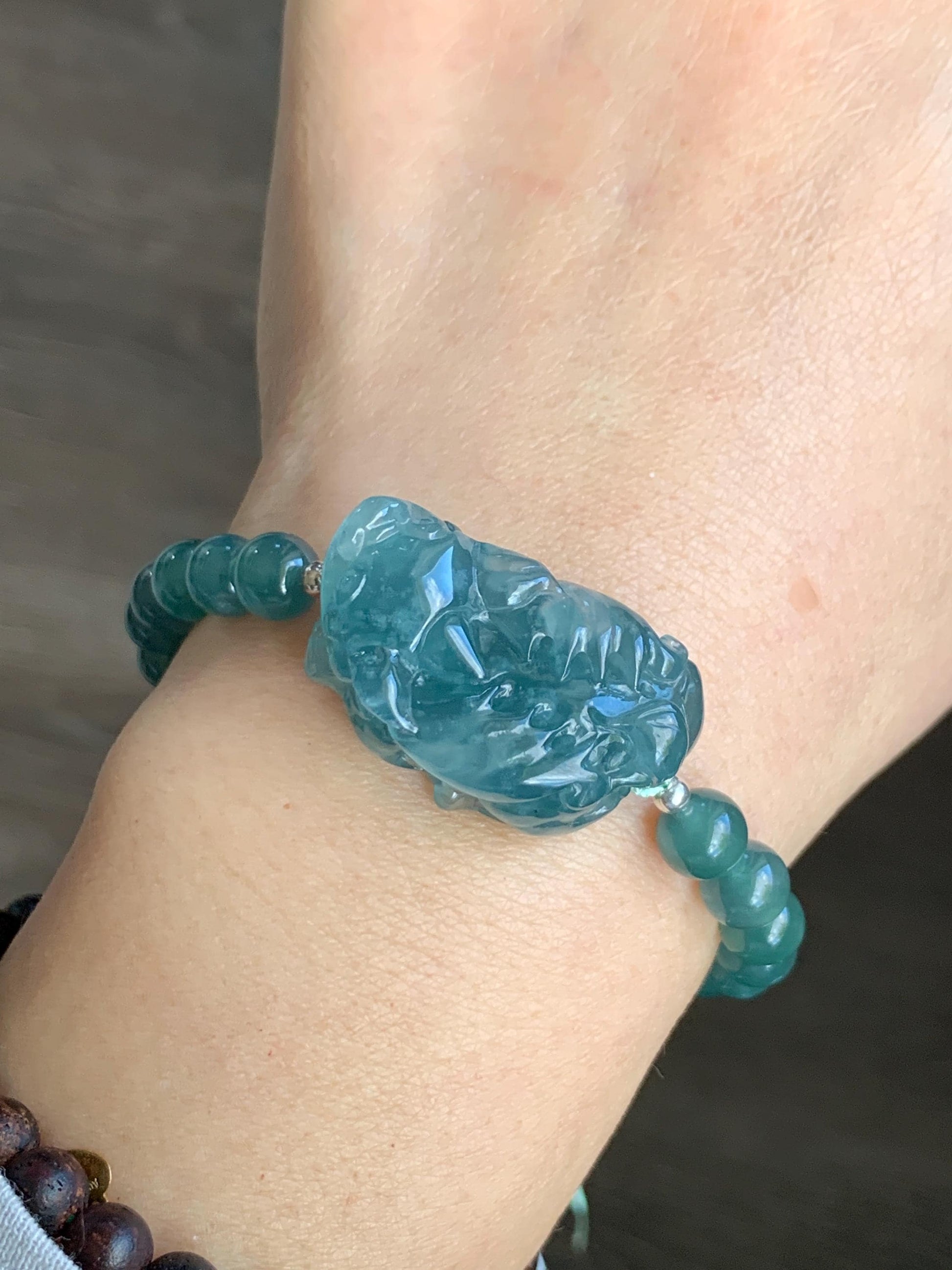 Certified Natural Guatemalan Icy Highly Translucent Gelatinous Teal Blue Jadeite Pixiu Beaded Bracelet