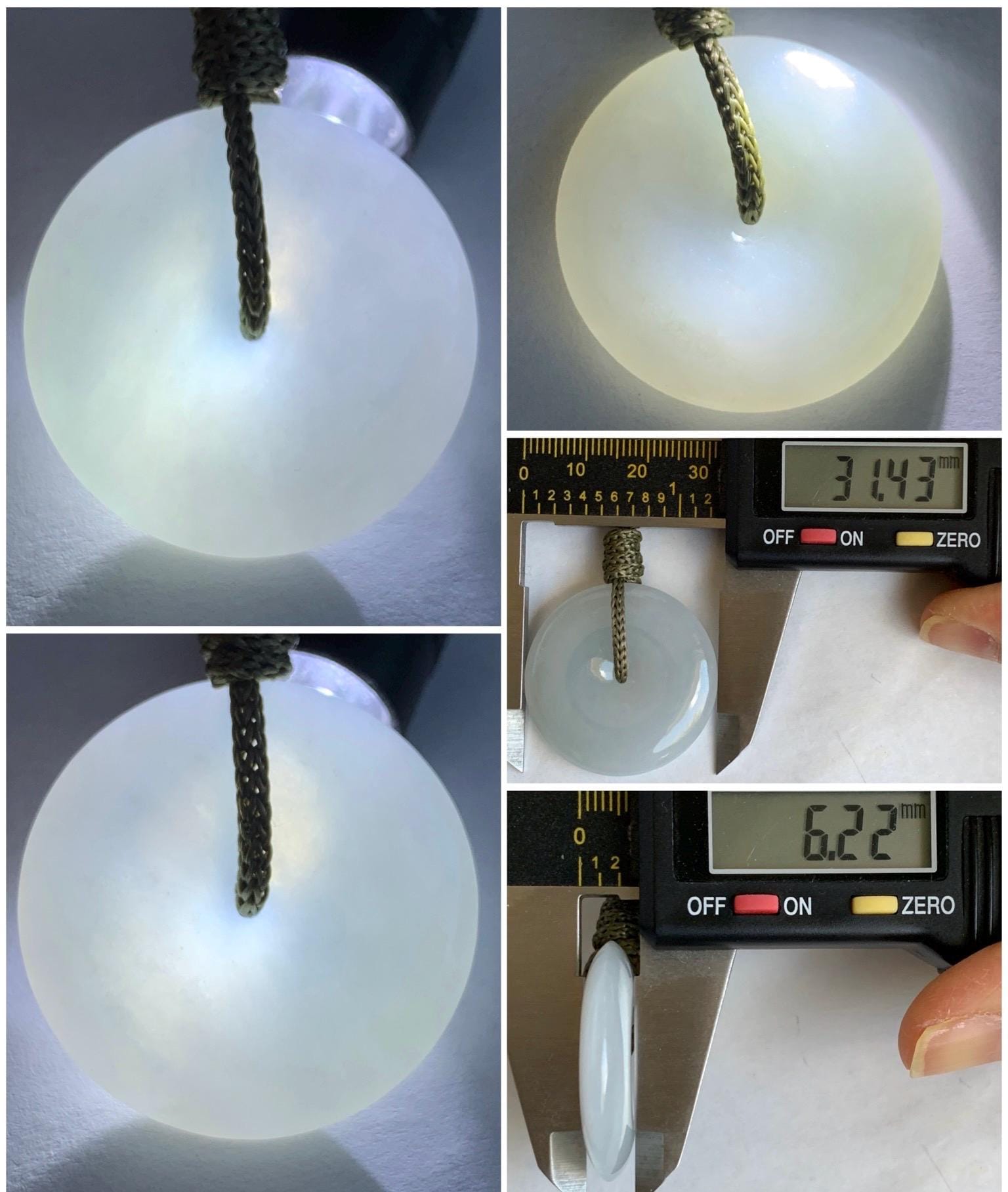 Natural Grade A Icy Translucent Gelatinous White Jadeite Large Ping An Kou Donut Pendant Rope Necklace 25" Adjustable 天然冰胶白翡翠平安扣吊坠 MWK1225