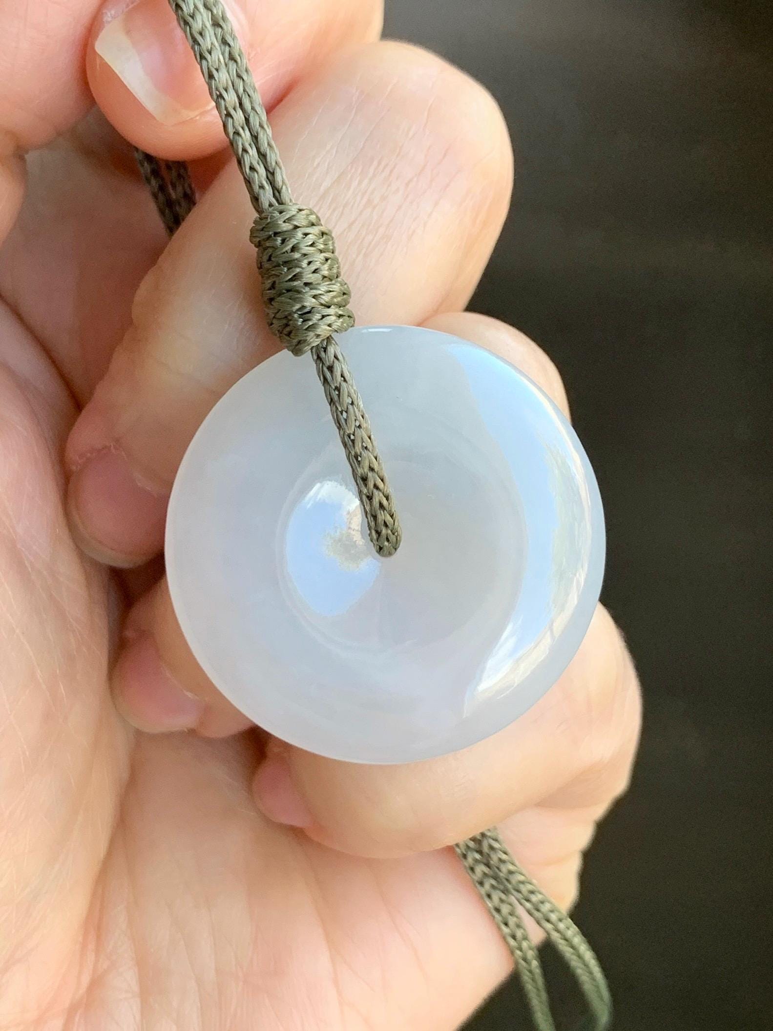 Natural Grade A Icy Translucent Gelatinous White Jadeite Large Ping An Kou Donut Pendant Rope Necklace