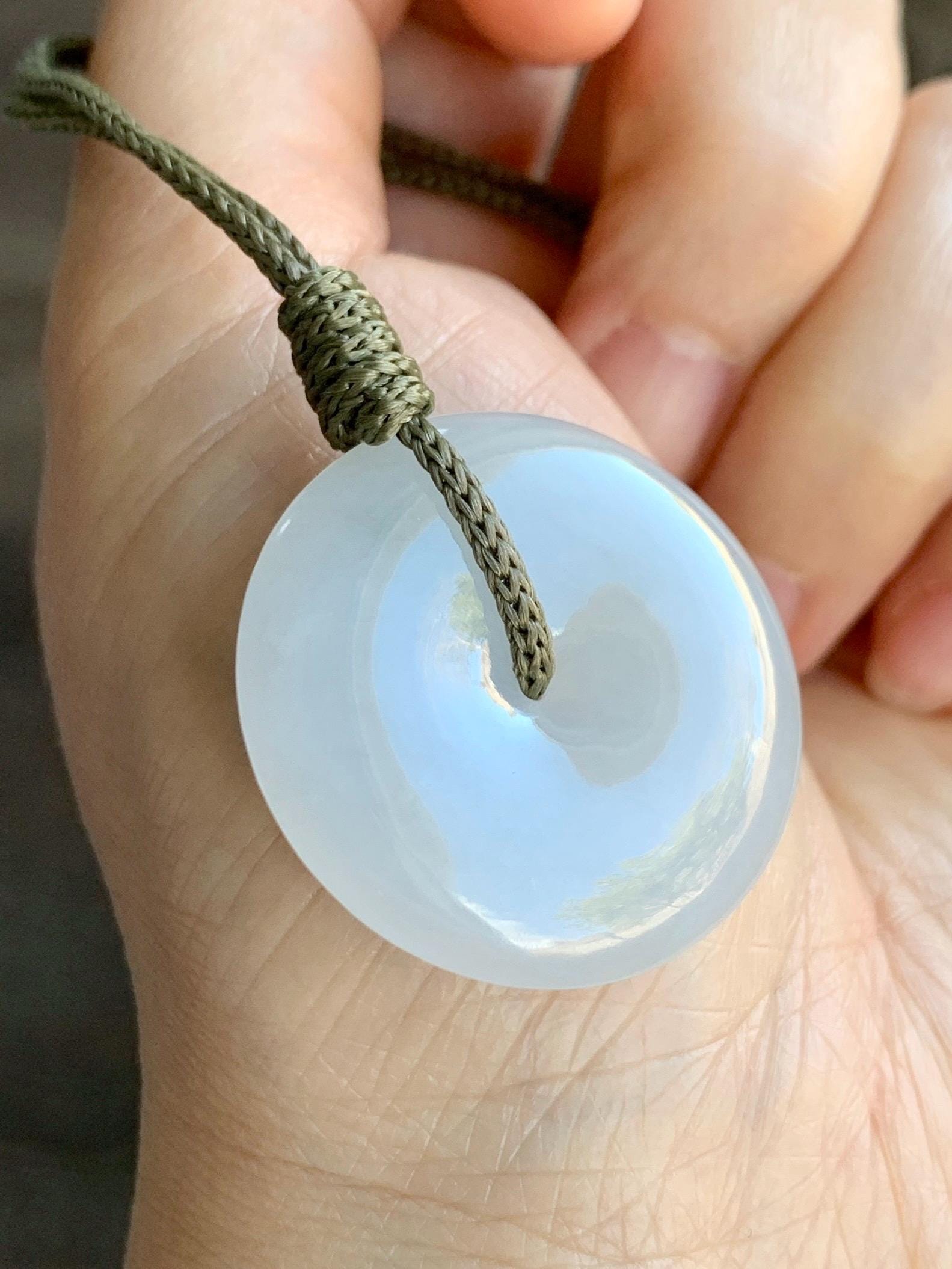 Natural Grade A Icy Translucent Gelatinous White Jadeite Large Ping An Kou Donut Pendant Rope Necklace