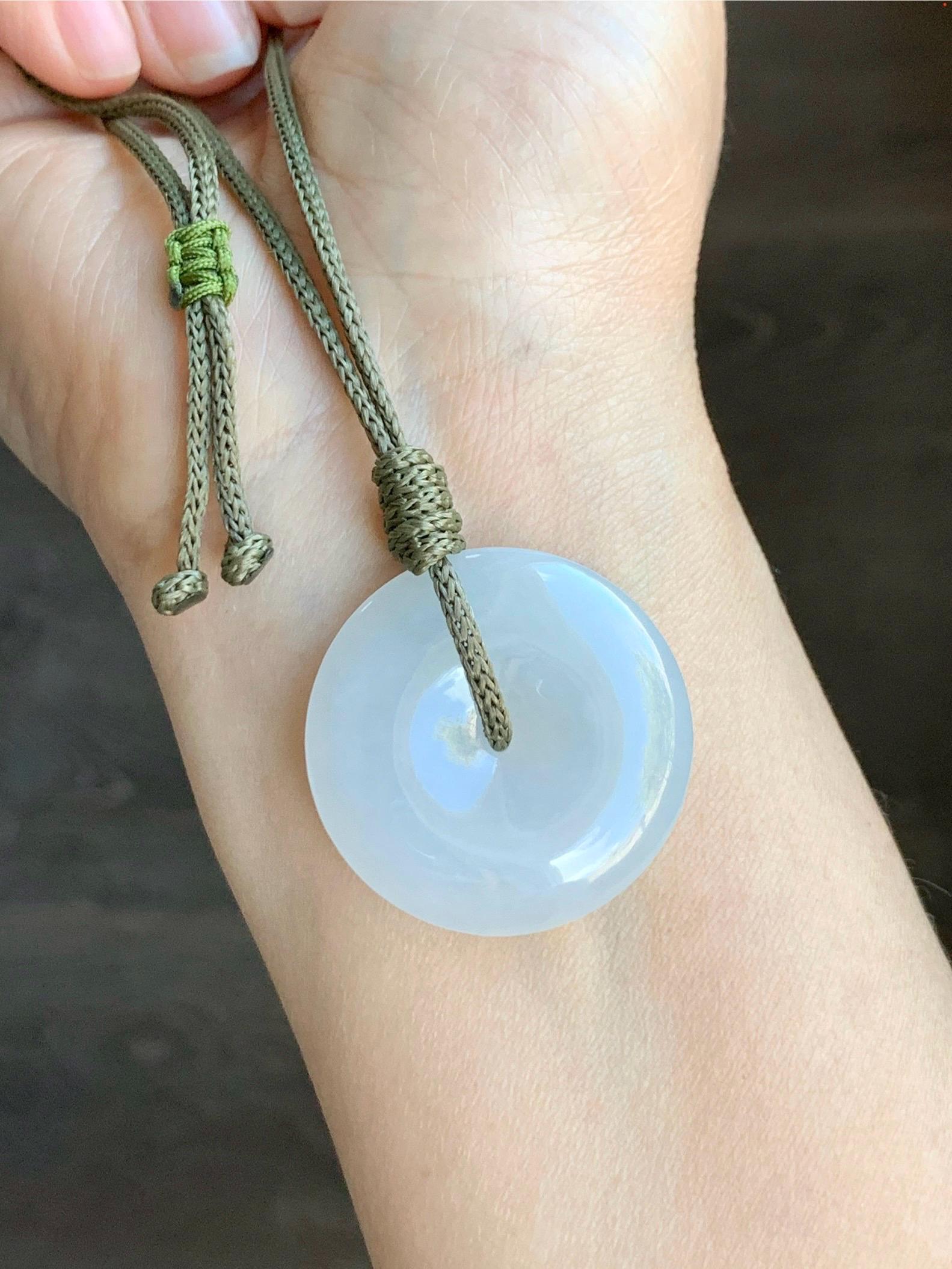 Natural Grade A Icy Translucent Gelatinous White Jadeite Large Ping An Kou Donut Pendant Rope Necklace