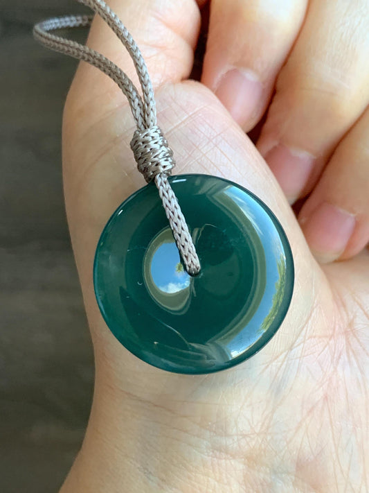 Natural Grade A Guatemalan Icy Translucent Deep Teal Green Jadeite Large Ping An Kou Donut Pendant Rope Necklace