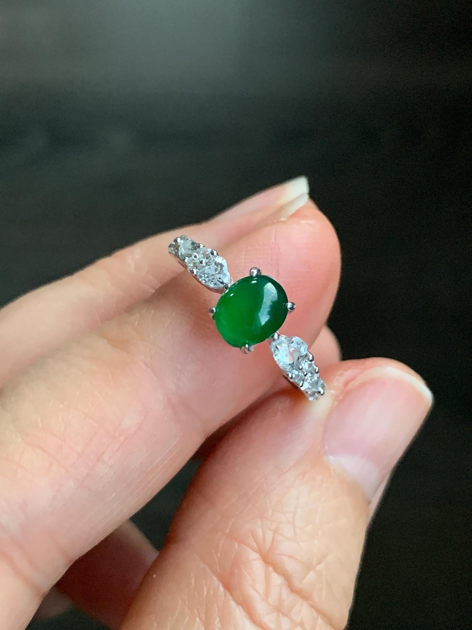 Natural Guatemalan Icy Translucent Vibrant Green Jadeite Oval Cabochon Ring Sterling Silver Size 7 Adjustable