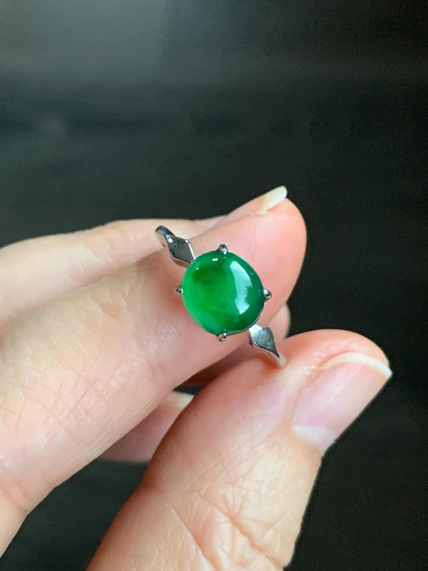 Natural Guatemalan Icy Translucent Vibrant Green Jadeite Oval Cabochon Solitaire Ring Sterling Silver Size 7 Adjustable