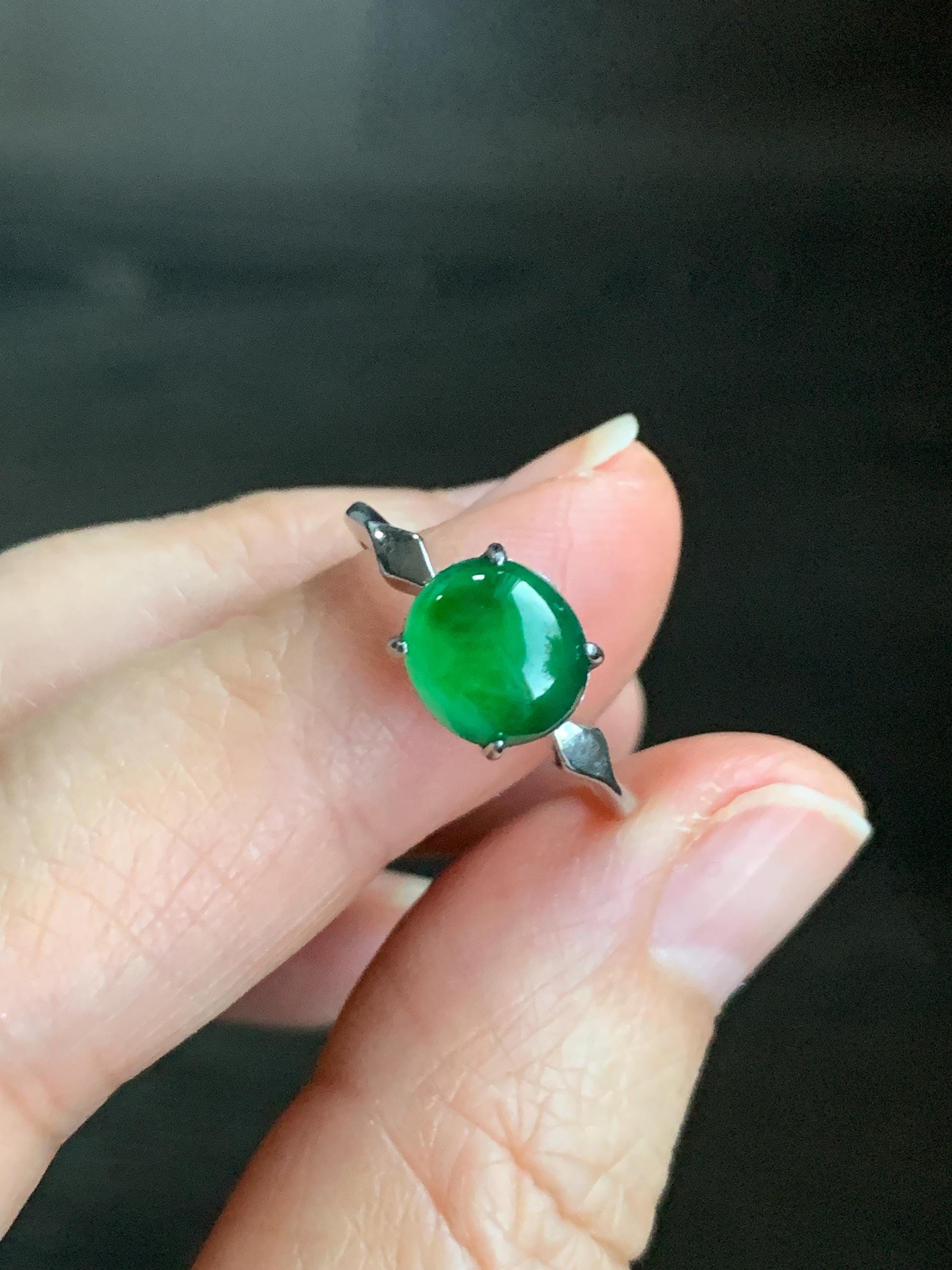 Natural Guatemalan Icy Translucent Vibrant Green Jadeite Oval Cabochon Solitaire Ring Sterling Silver Size 7 Adjustable