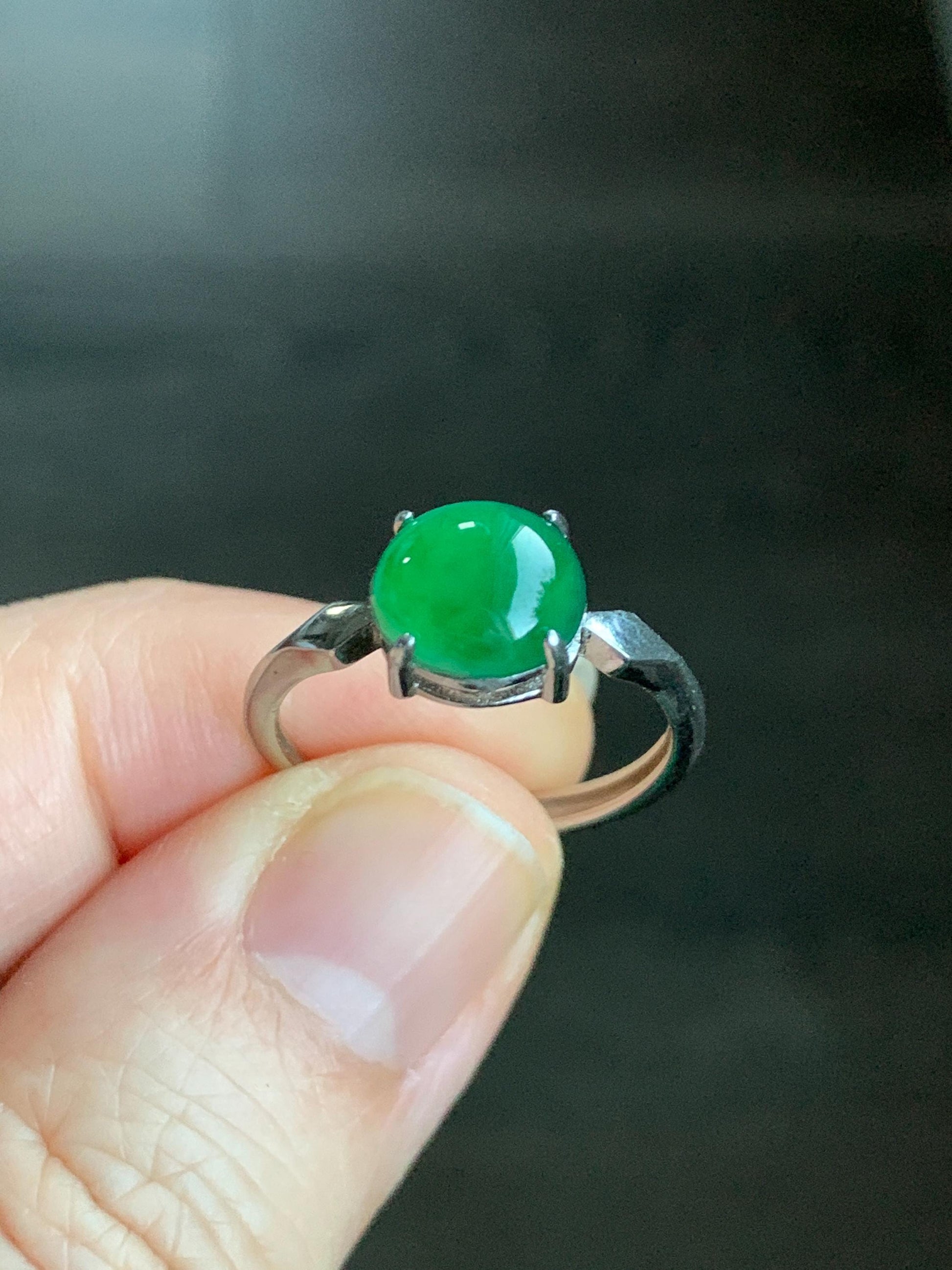 Natural Guatemalan Icy Translucent Vibrant Green Jadeite Oval Cabochon Solitaire Ring Sterling Silver Size 7 Adjustable