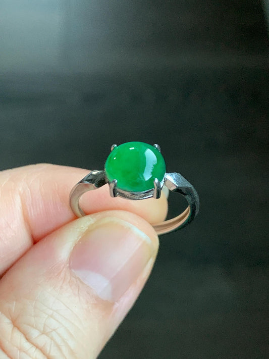 Natural Guatemalan Icy Translucent Vibrant Green Jadeite Oval Cabochon Solitaire Ring Sterling Silver Size 7 Adjustable