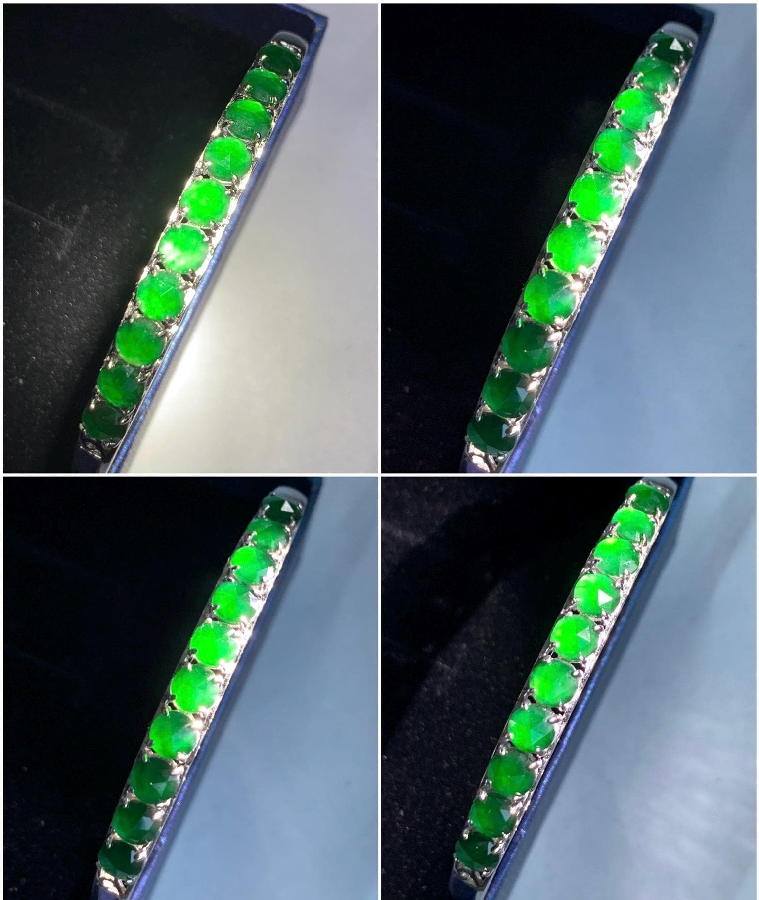 Natural Guatemalan Icy Translucent Vibrant Green Faceted Jadeite 10-Stone Bangle Bracelet Sterling Silver w/ Clasp 9g 天然冰危绿切割面翡翠银镶手镯 QGB560
