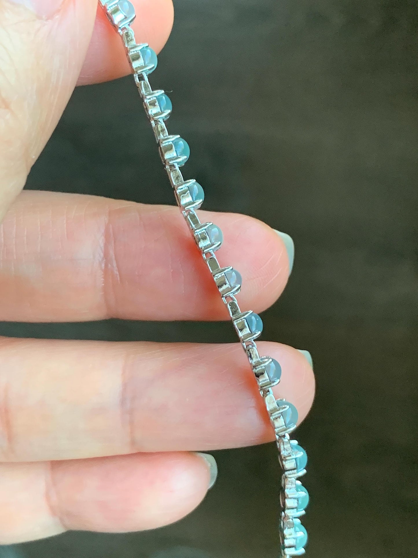 Natural Guatemalan Grade A Icy Highly Translucent Light Blue Jadeite Link Chain Style Bracelet Sterling Silver 6.25”-7.5” 4g 天然冰危浅蓝起光翡翠银镶手链