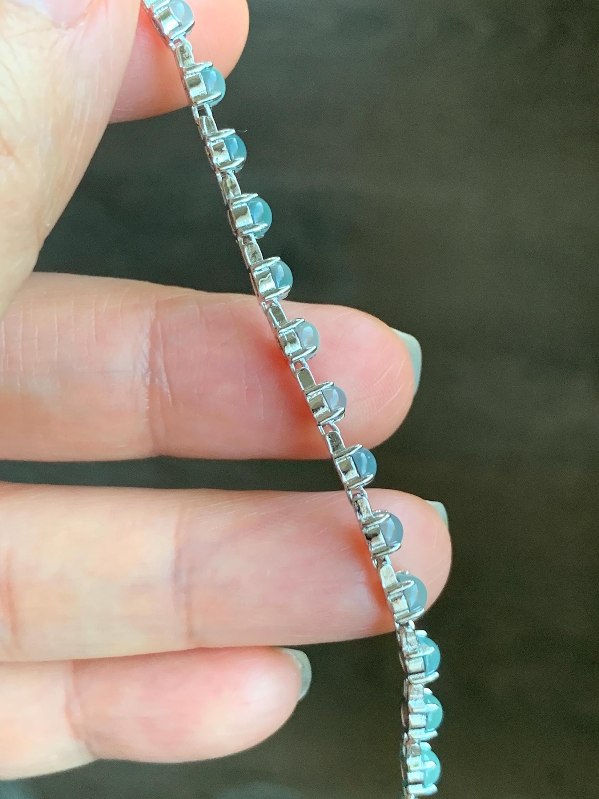 Natural Guatemalan Grade A Icy Highly Translucent Light Blue Jadeite Link Chain Style Bracelet Sterling Silver 6.25”-7.5” 4g 天然冰危浅蓝起光翡翠银镶手链