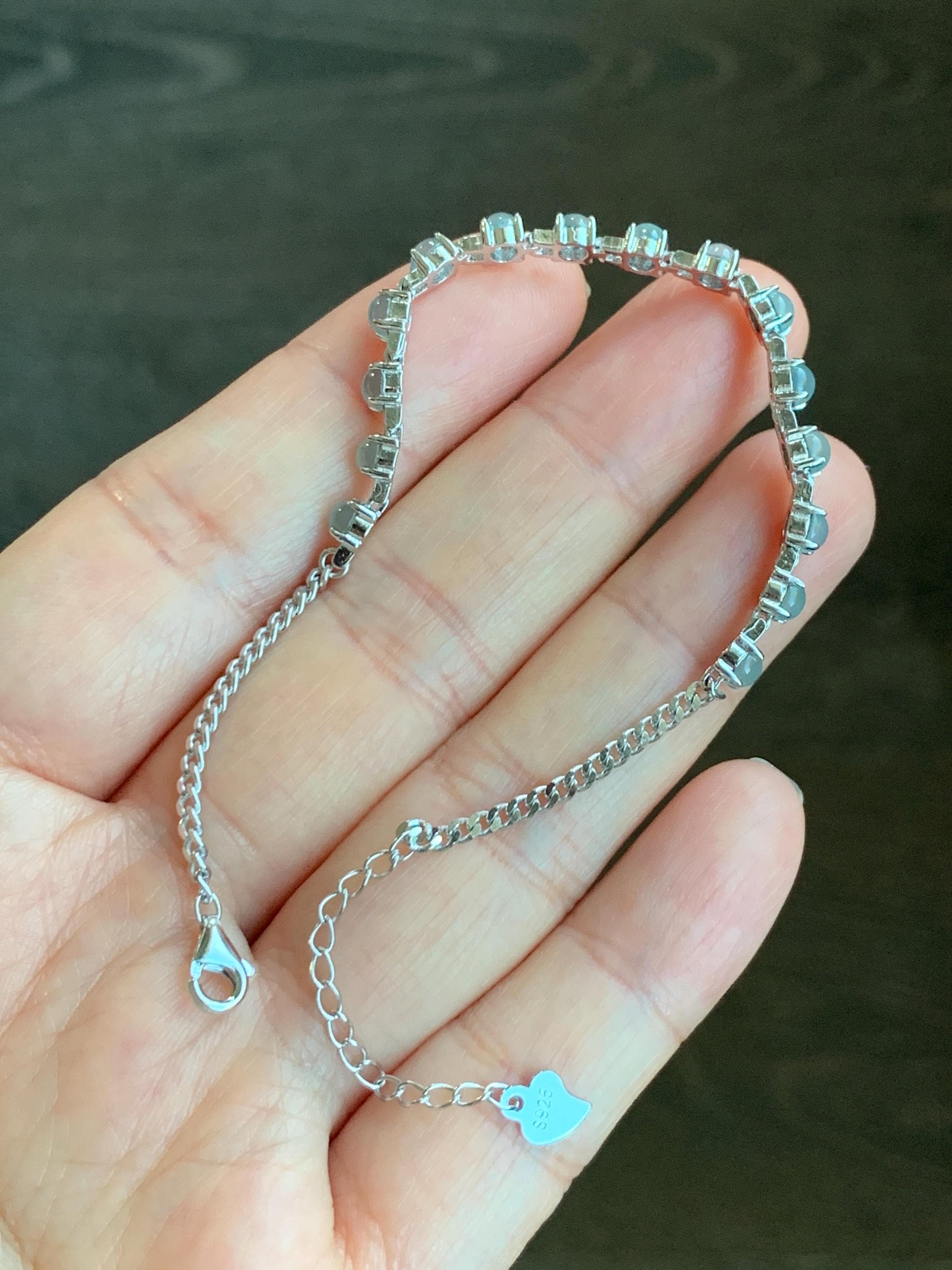 Natural Guatemalan Grade A Icy Highly Translucent Light Blue Jadeite Link Chain Style Bracelet Sterling Silver 6.25”-7.5” 4g 天然冰危浅蓝起光翡翠银镶手链