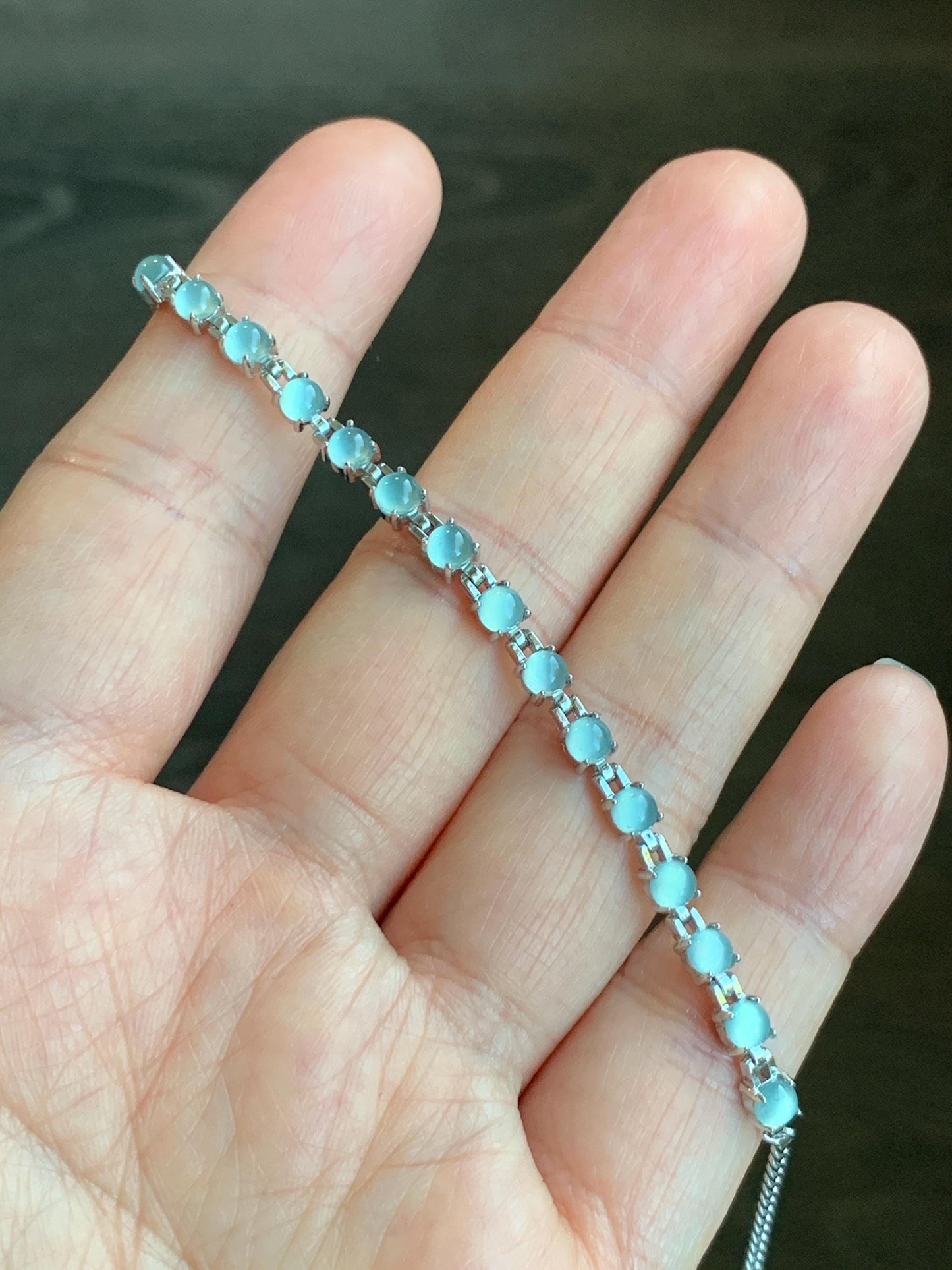 Natural Guatemalan Grade A Icy Highly Translucent Light Blue Jadeite Link Chain Style Bracelet Sterling Silver 6.25”-7.5” 4g 天然冰危浅蓝起光翡翠银镶手链